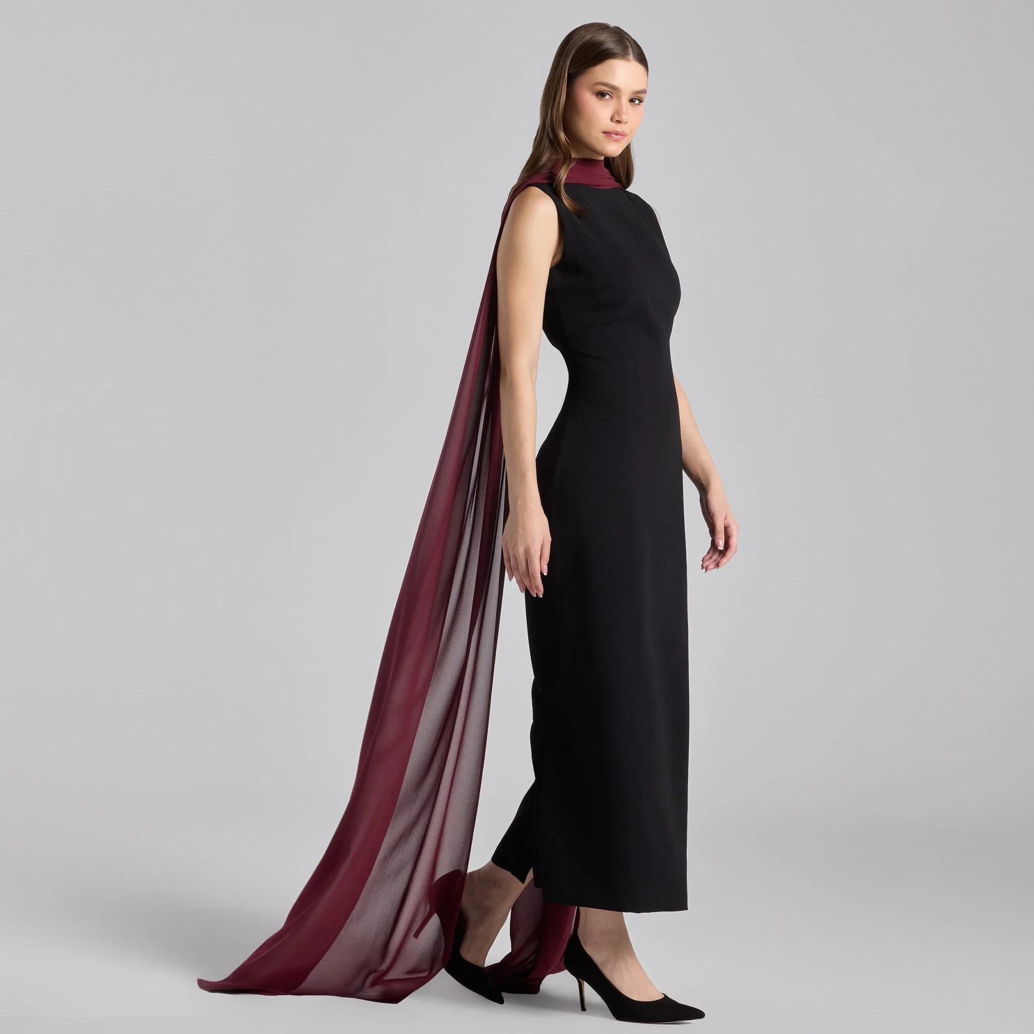 Black Crepe Dress with Draped Chiffon Scarf - Image 2