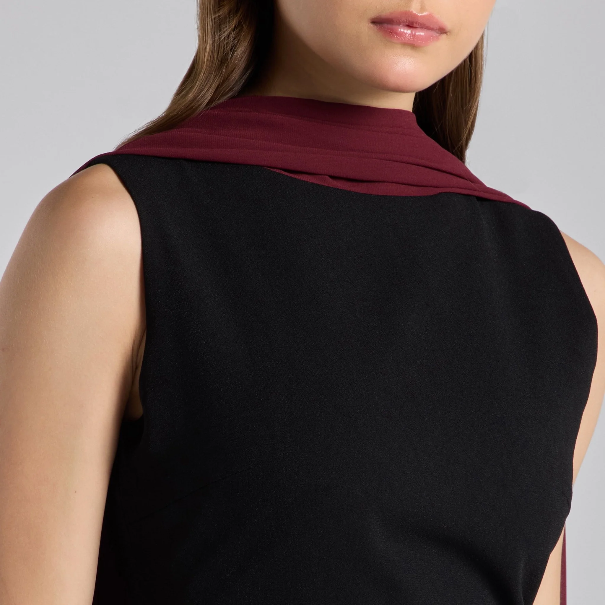 Black Crepe Dress with Draped Chiffon Scarf - Image 3