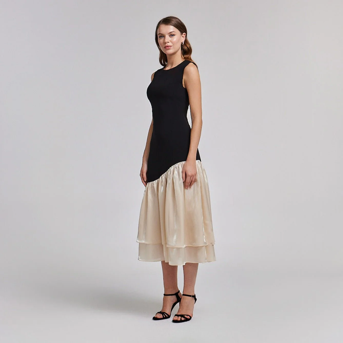 Black Crepe Dress with Organza Ruffles - Image 2