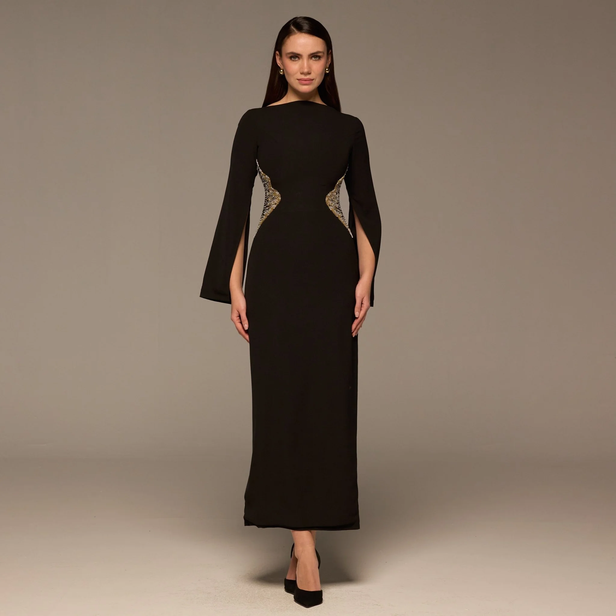 Black Crepe Maxi Dress with Gold embroidery