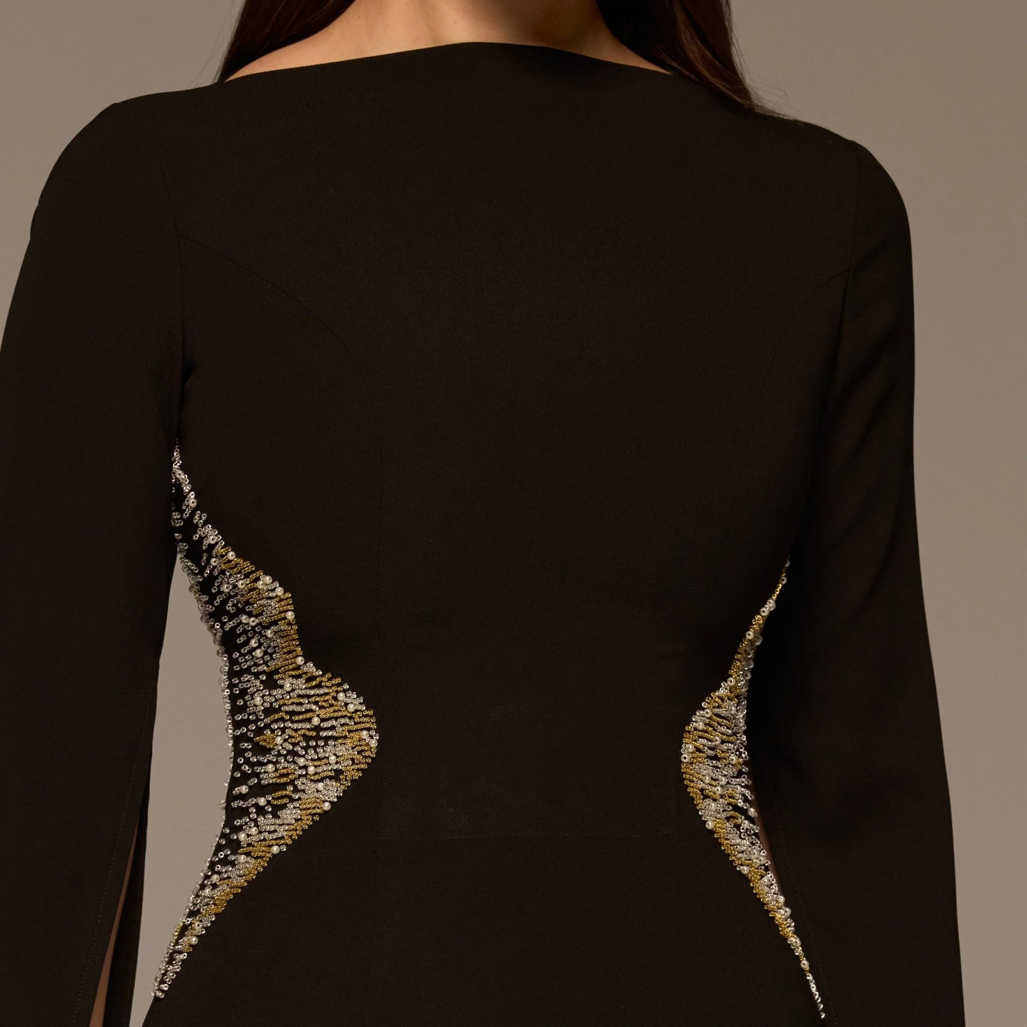 Black Crepe Maxi Dress with Gold embroidery - Image 3