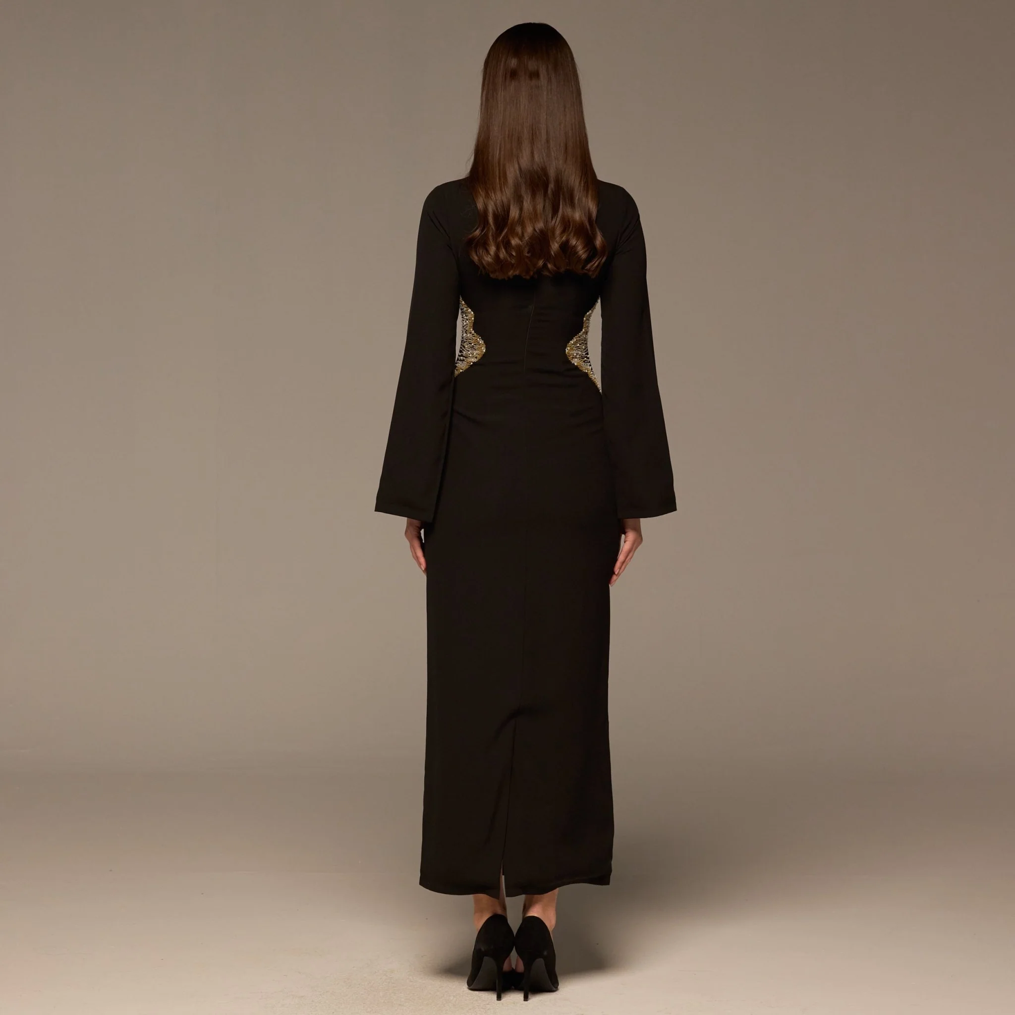 Black Crepe Maxi Dress with Gold embroidery - Image 4