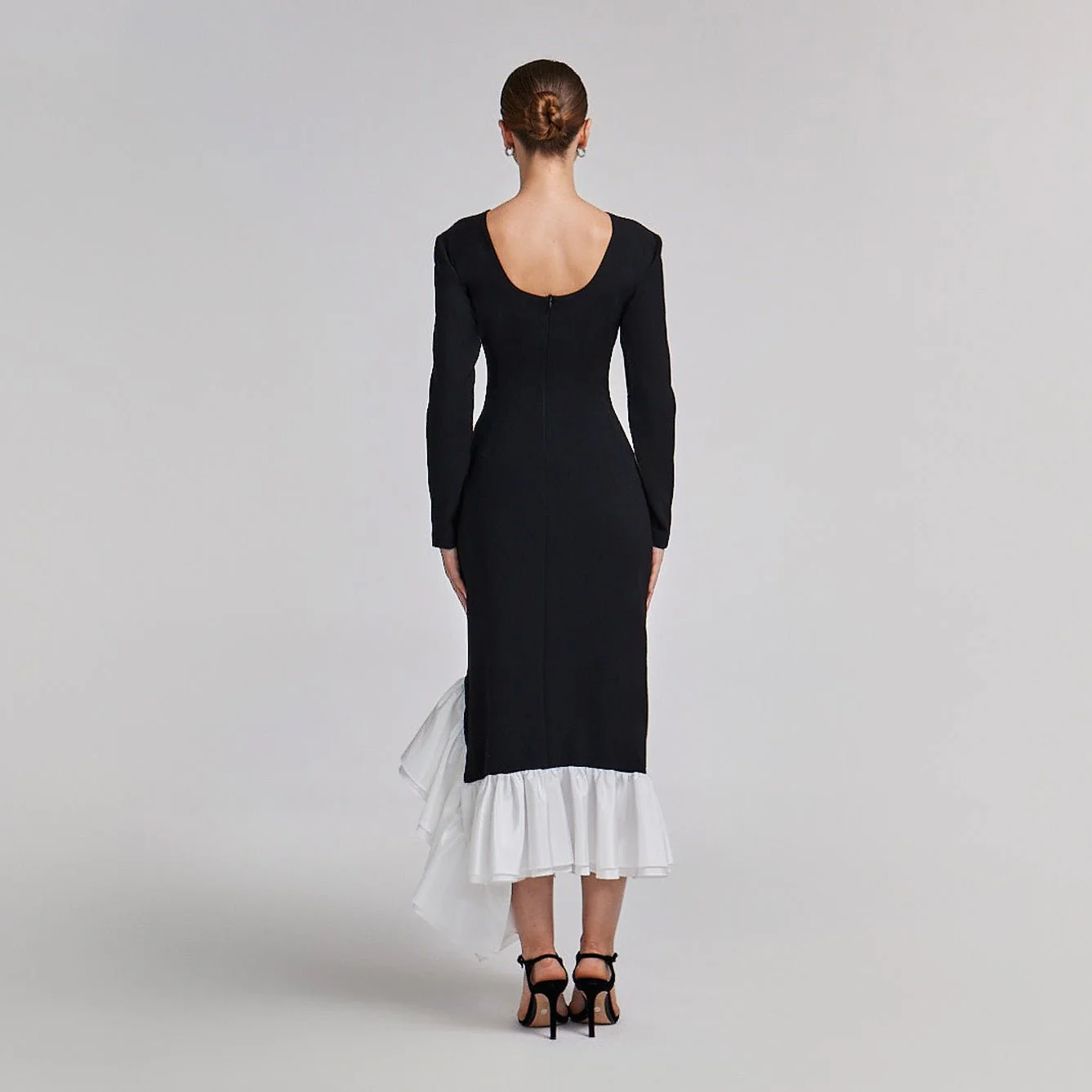 Black Crepe Midi Dress With White Ruffles - Image 2