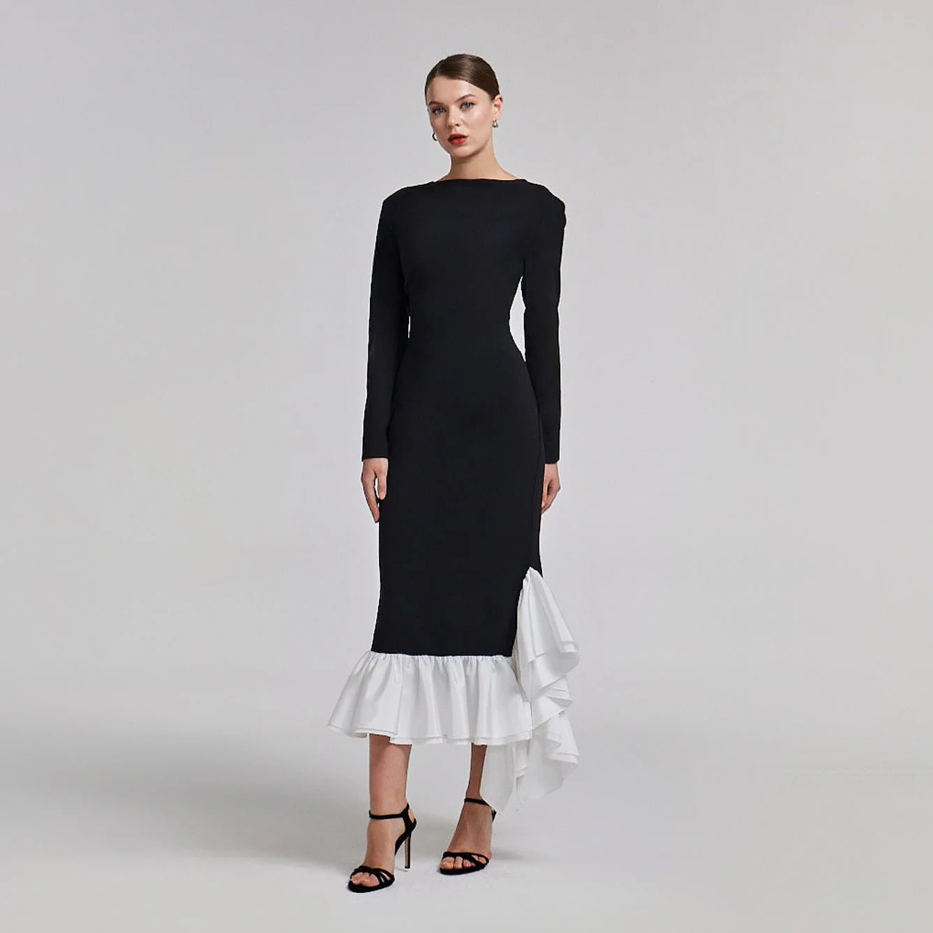 Black Crepe Midi Dress With White Ruffles - Image 3