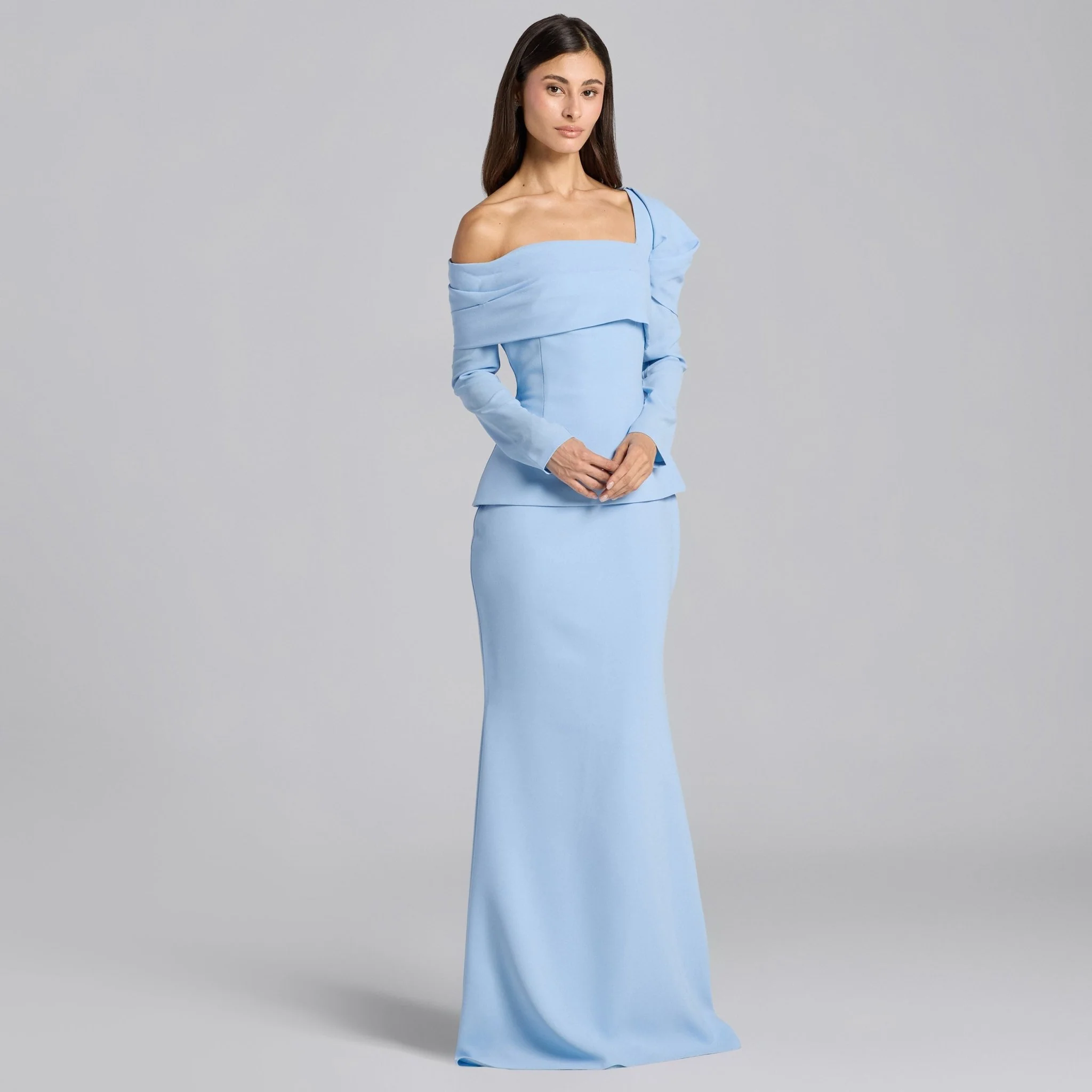 Baby Blue Crepe Off Shoulder Draped Maxi Dress - Image 2