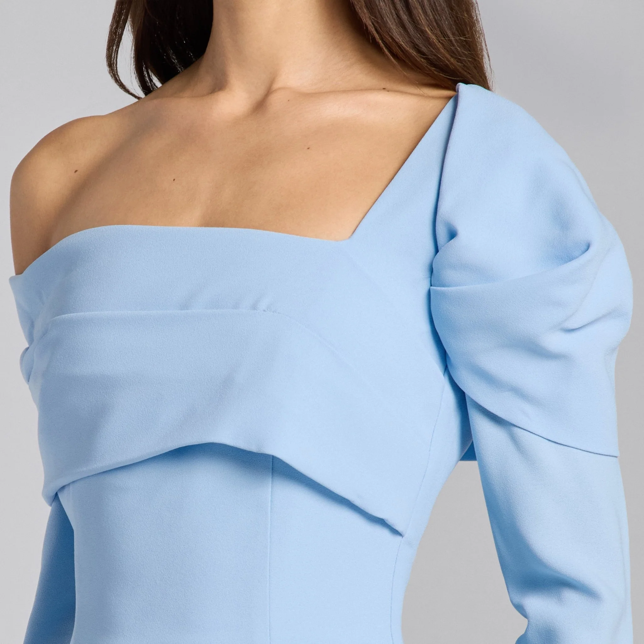 Baby Blue Crepe Off Shoulder Draped Maxi Dress - Image 3