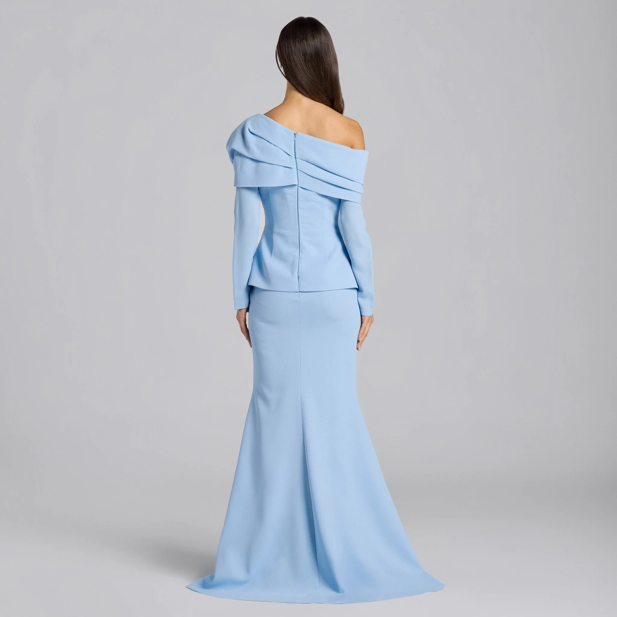 Baby Blue Crepe Off Shoulder Draped Maxi Dress - Image 4