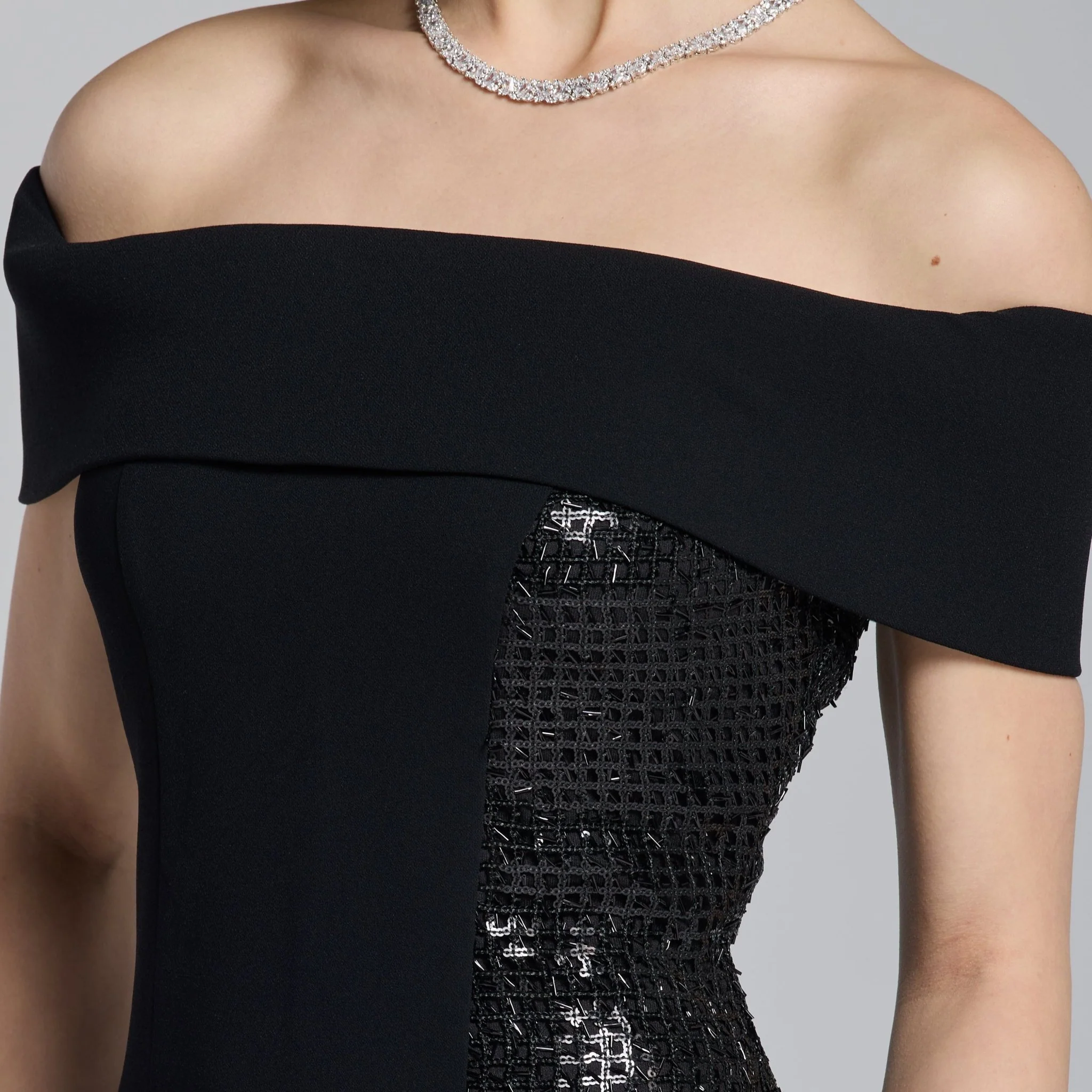 Black Crepe Off Shoulder Slit Maxi Dress - Image 3