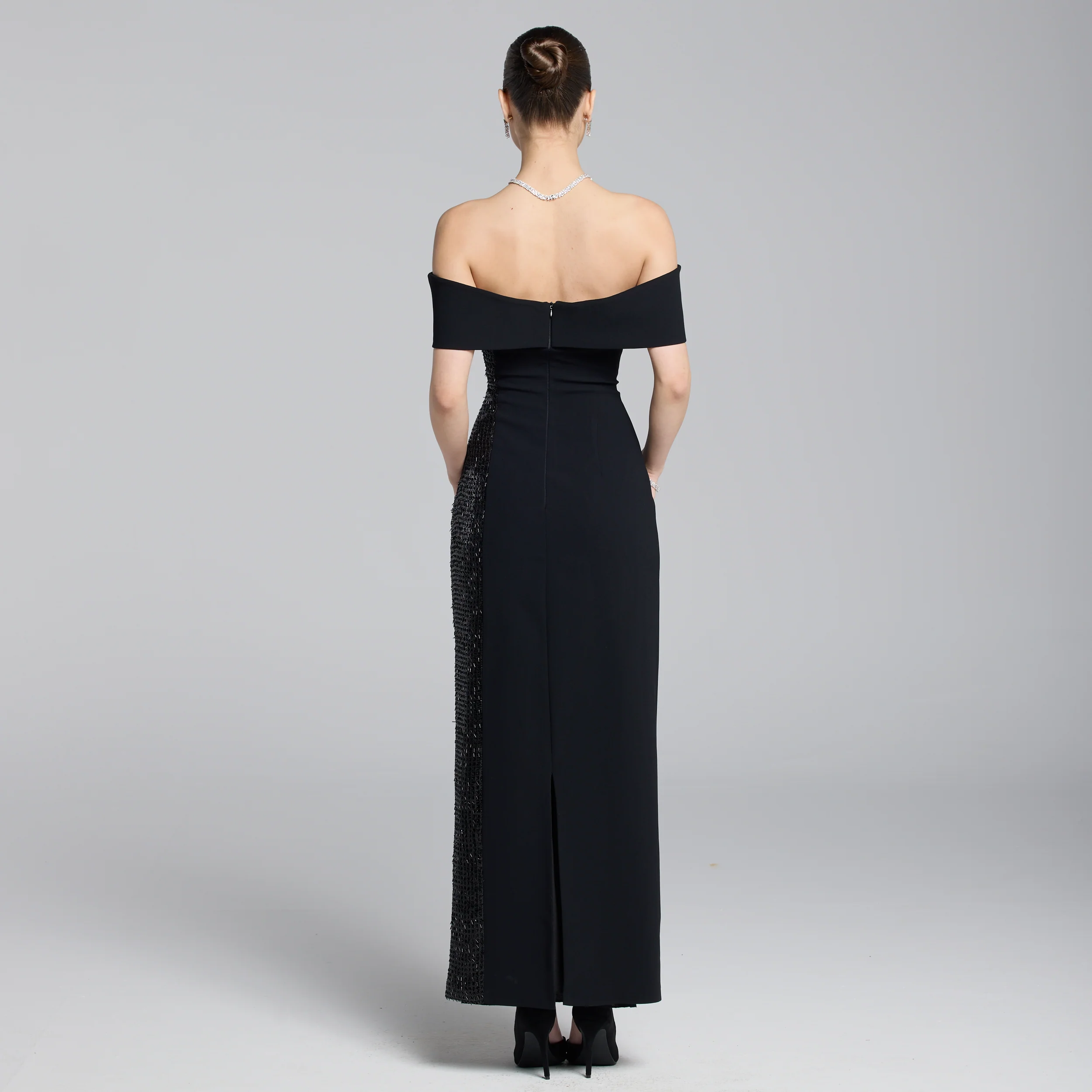 Black Crepe Off Shoulder Slit Maxi Dress - Image 4