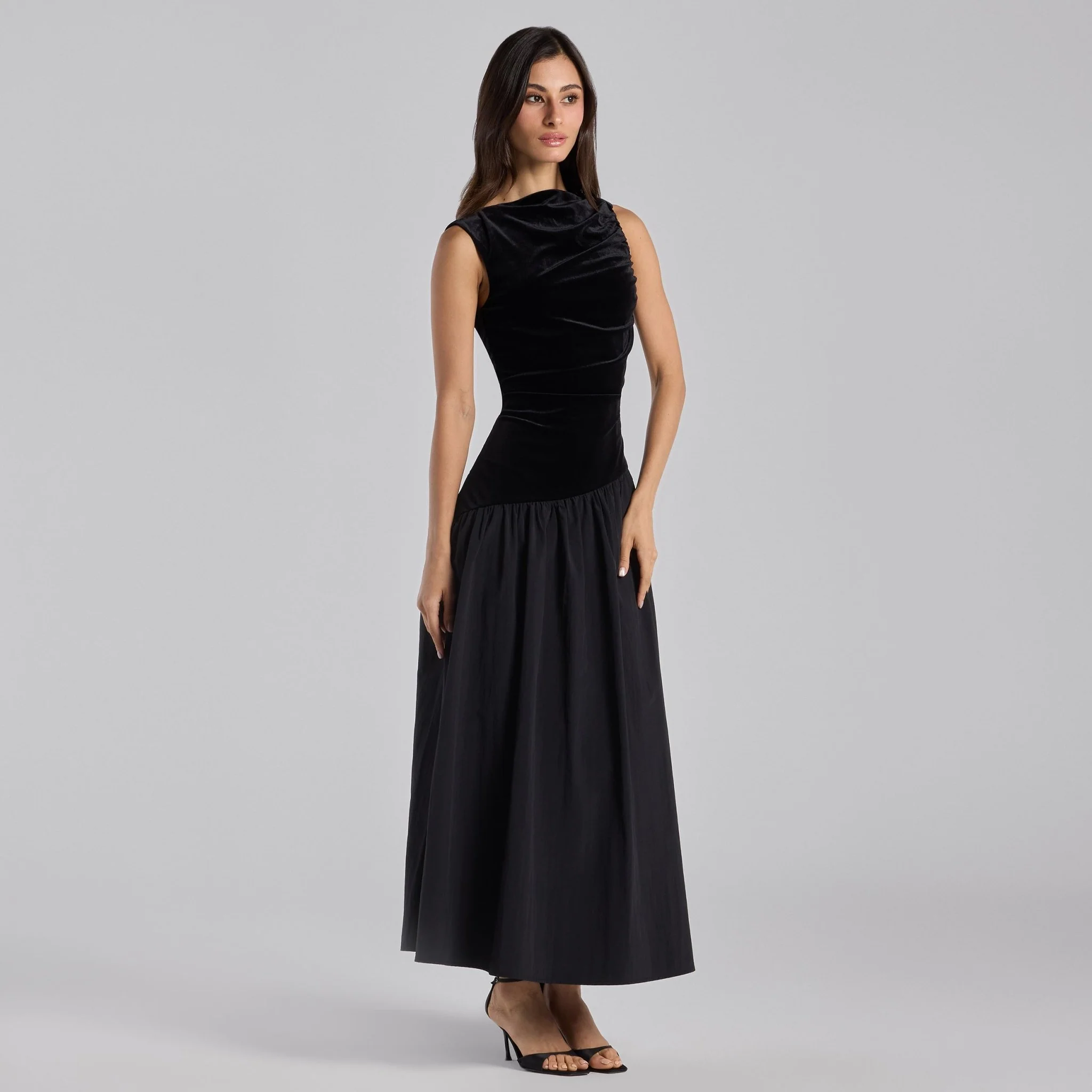 Black Draped Velvet Midi Dress - Image 2