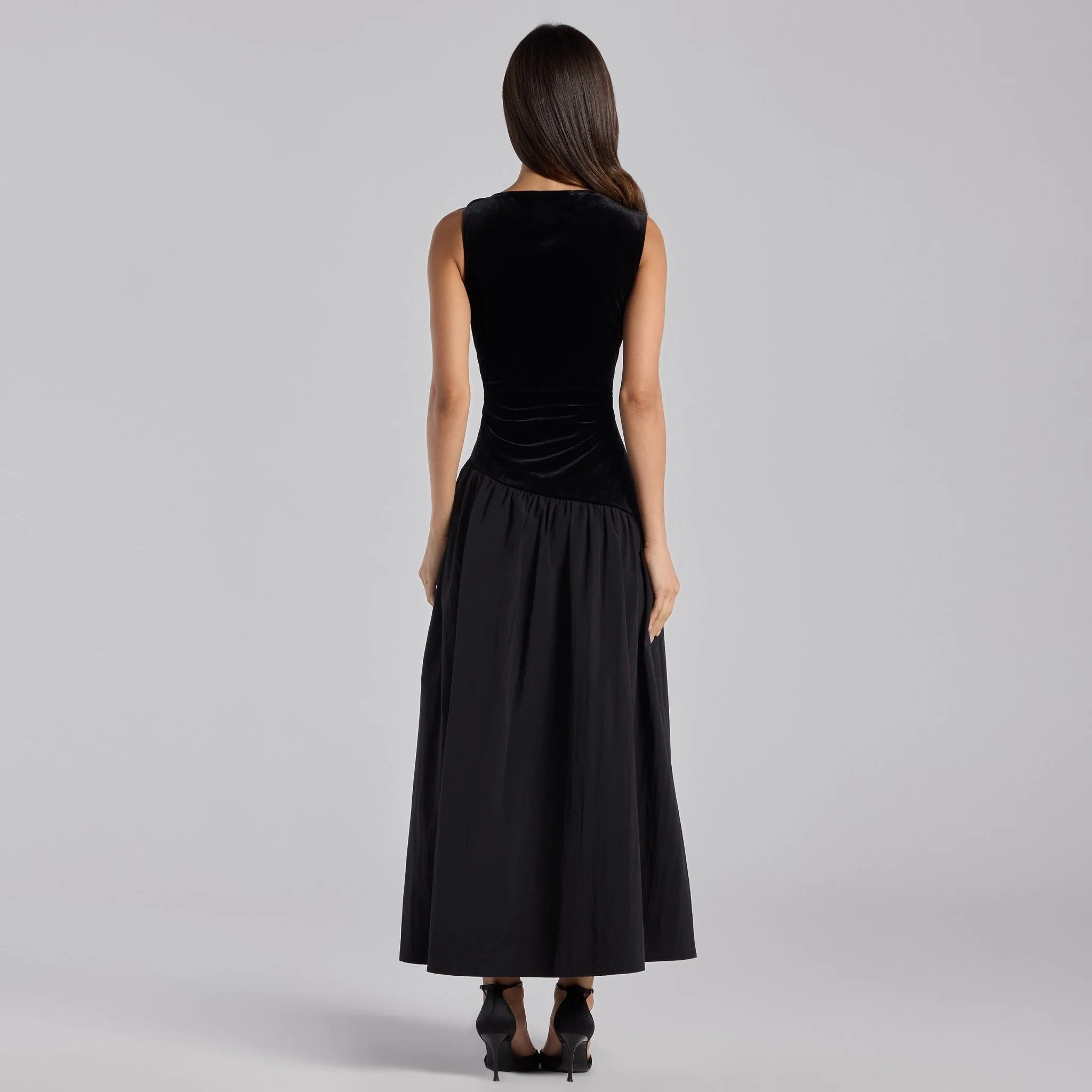 Black Draped Velvet Midi Dress - Image 4