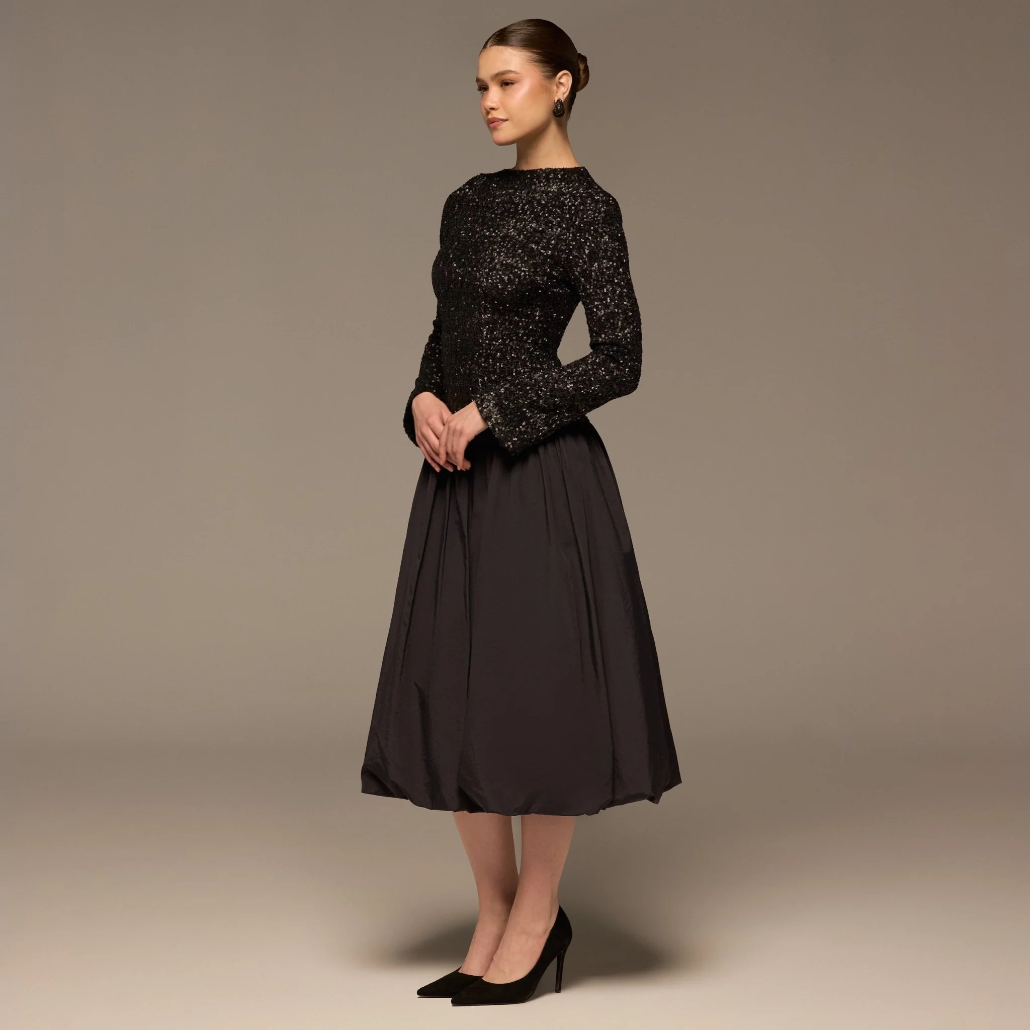 Black Sequin & Cotton Poplin Midi Dress - Image 2