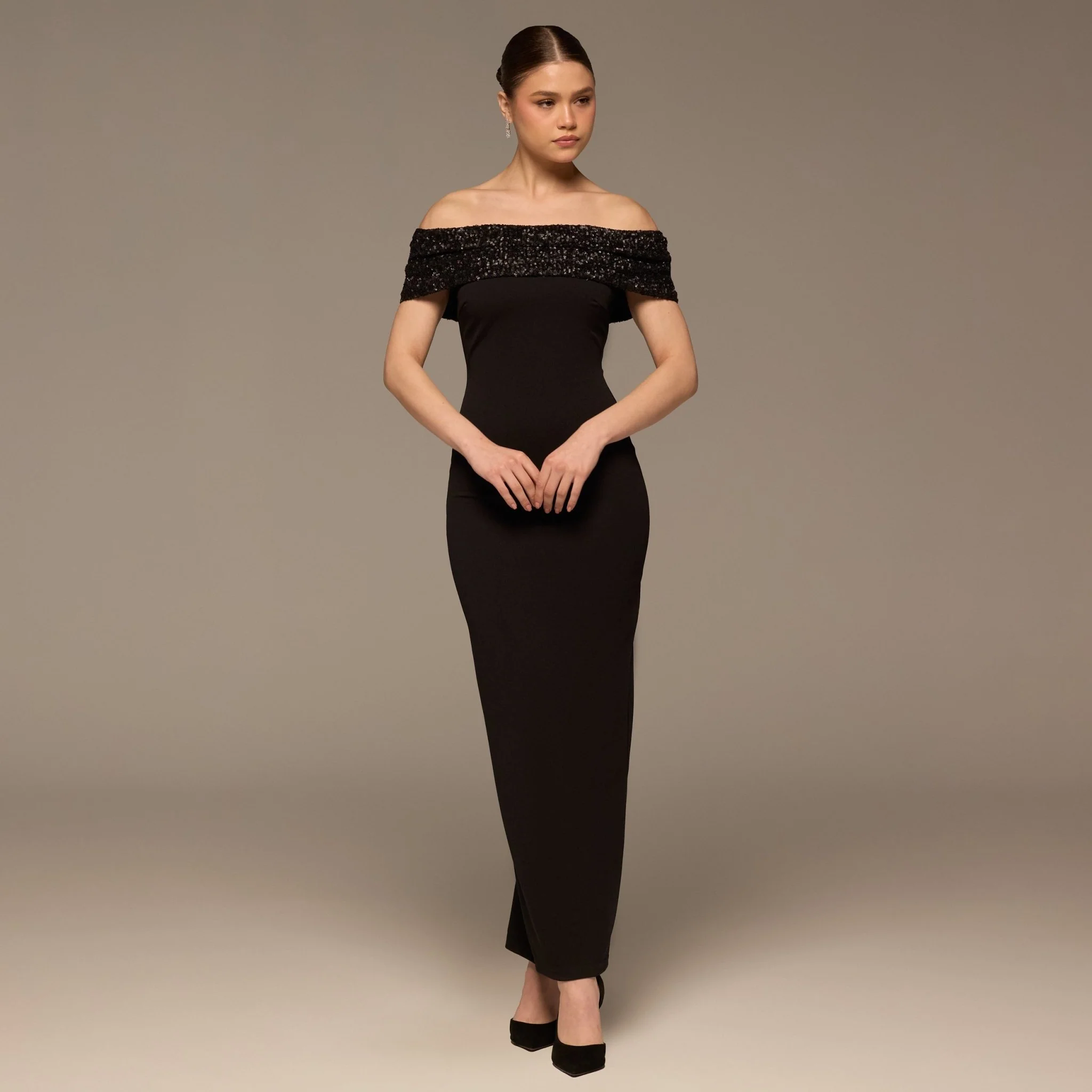 Black Off Shoulder Crepe Maxi Dress