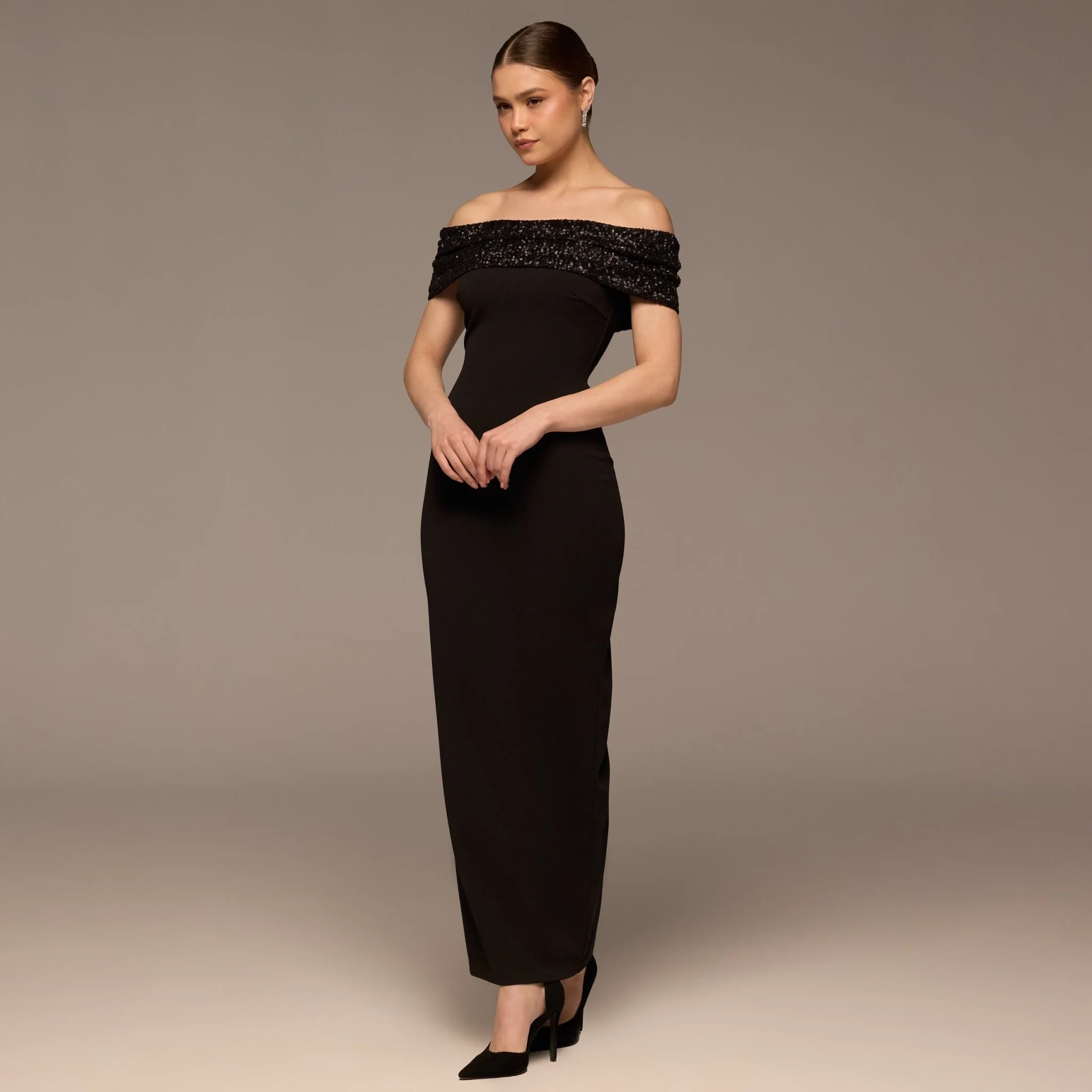 Black Off Shoulder Crepe Maxi Dress - Image 2