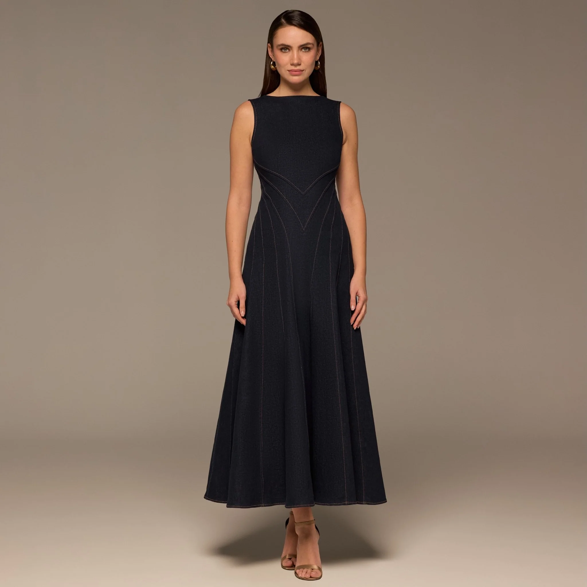Navy V Open Back Sleeveless Midi Dress