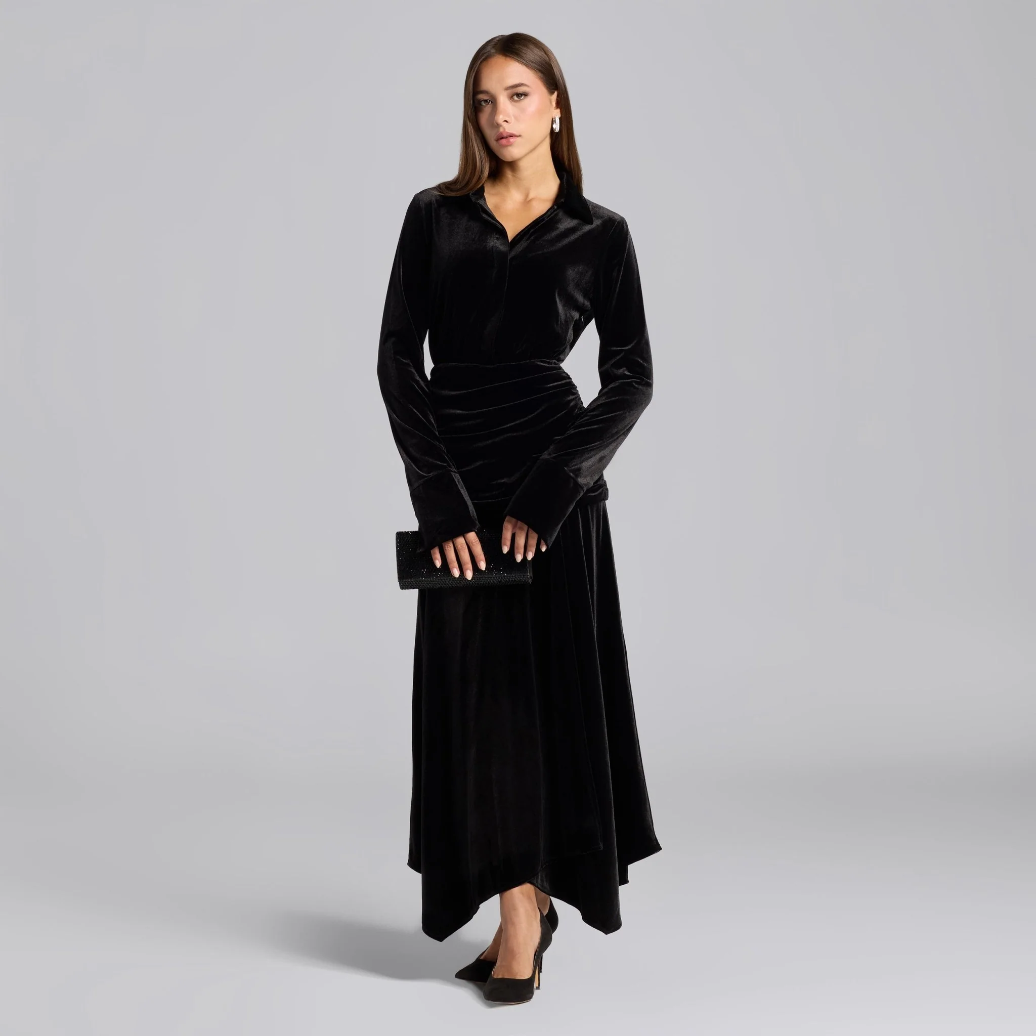 Black Draped Waist Maxi Velvet Dress