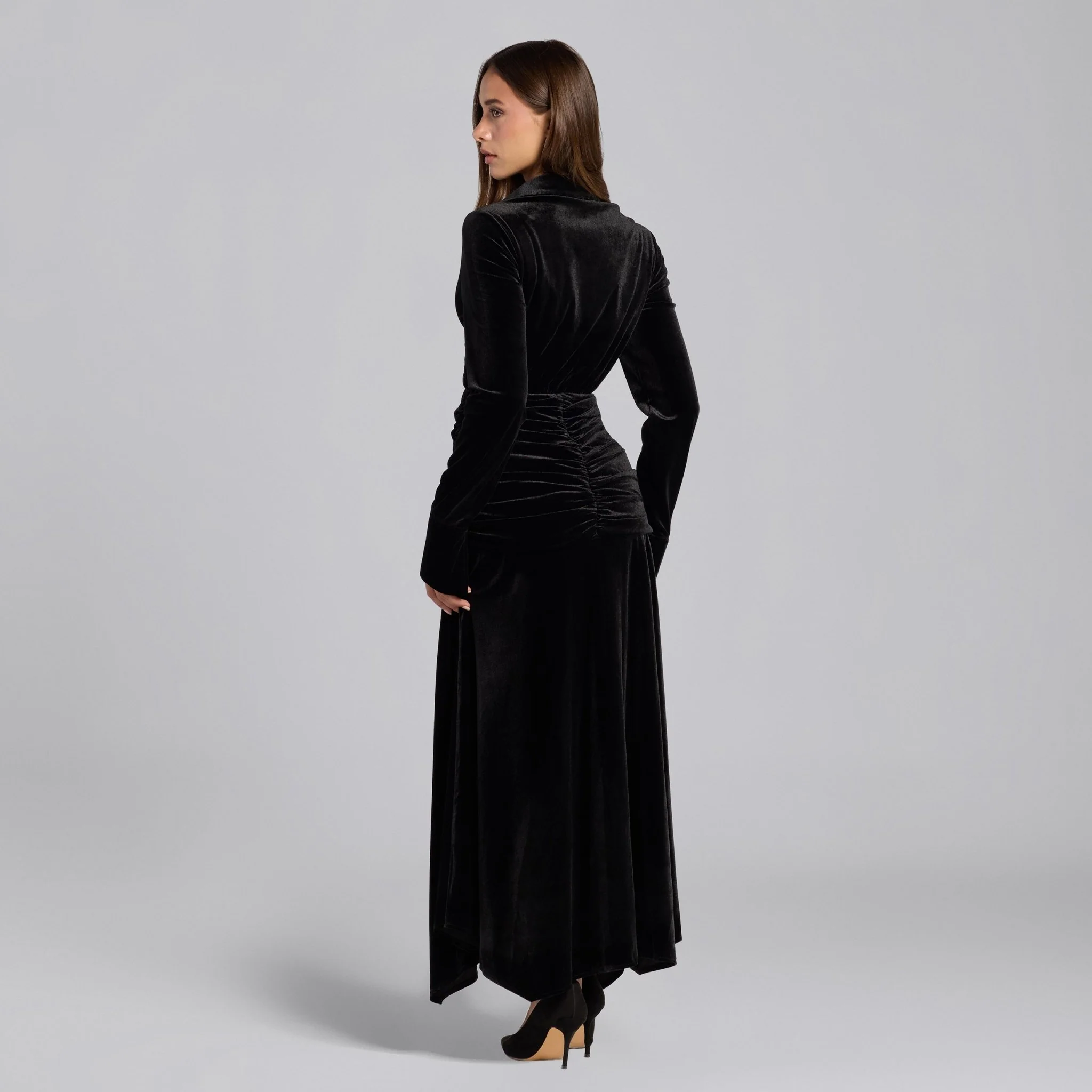 Black Draped Waist Maxi Velvet Dress - Image 4