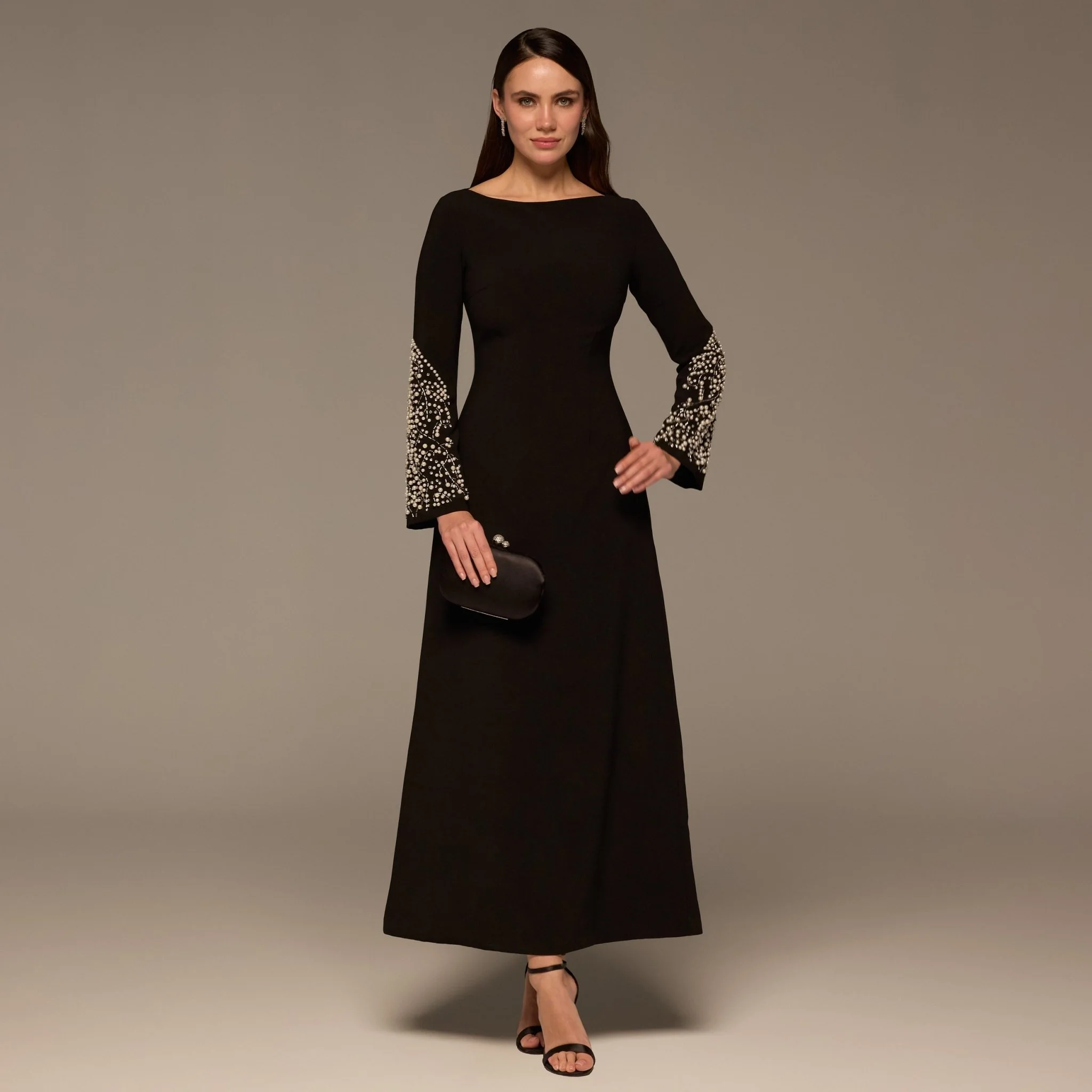 Black Embellished Boat-Neck Crepe Dress
