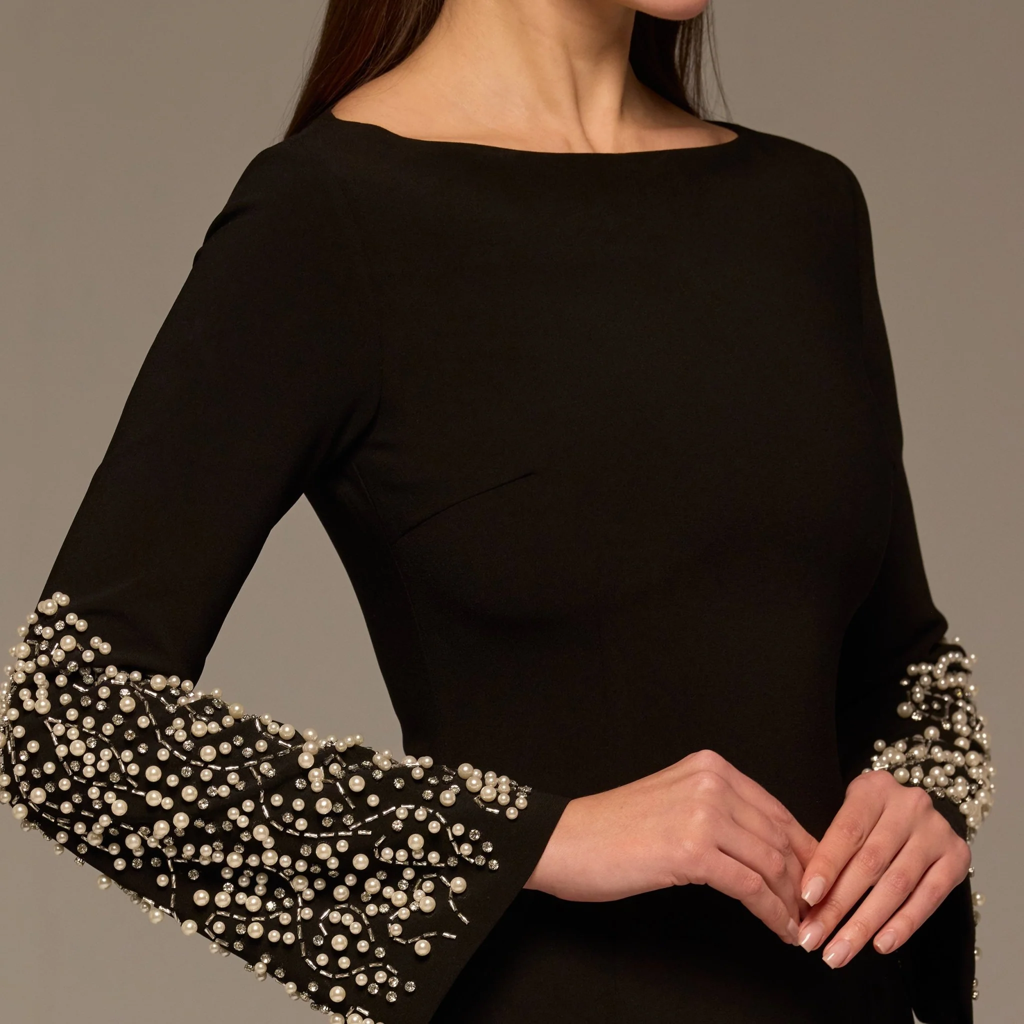 Black Embellished Boat-Neck Crepe Dress - Image 3