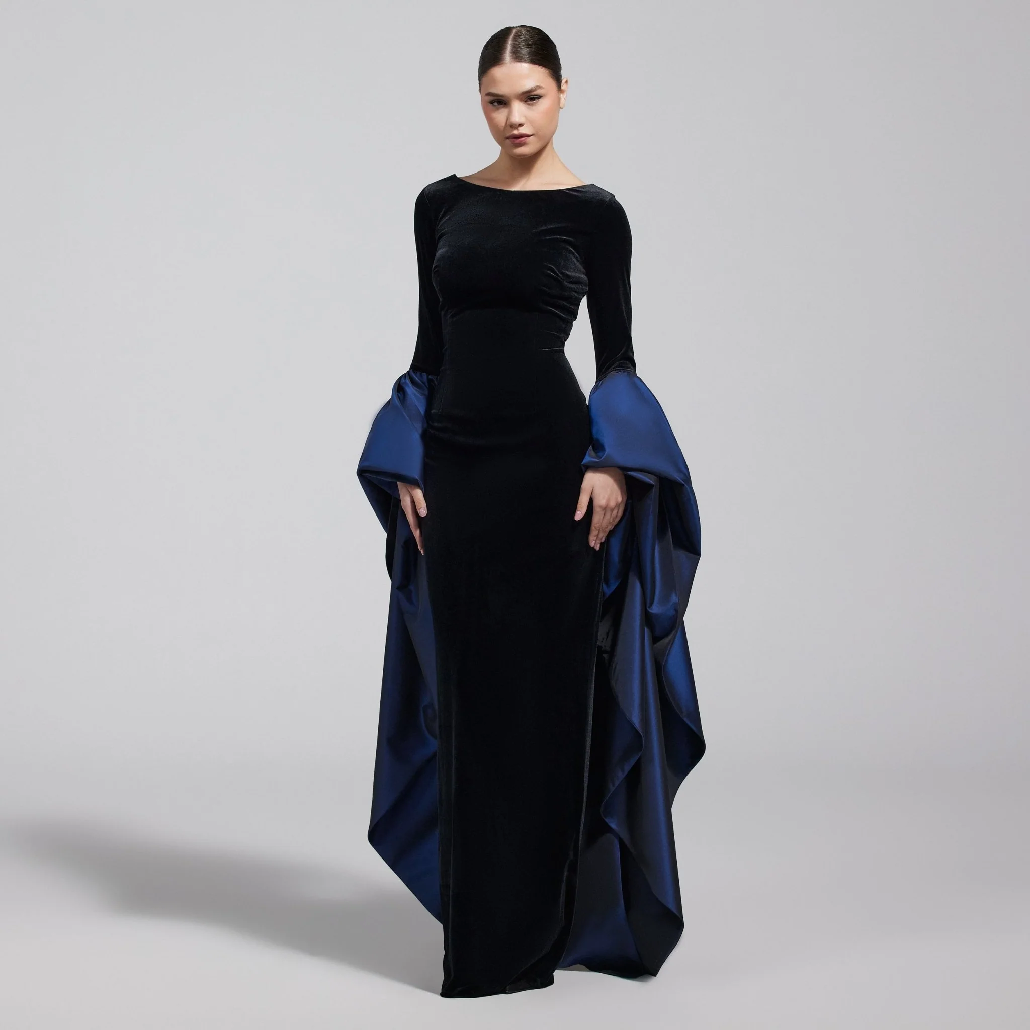 Black Fitted Gown With Extra Long Sleeves