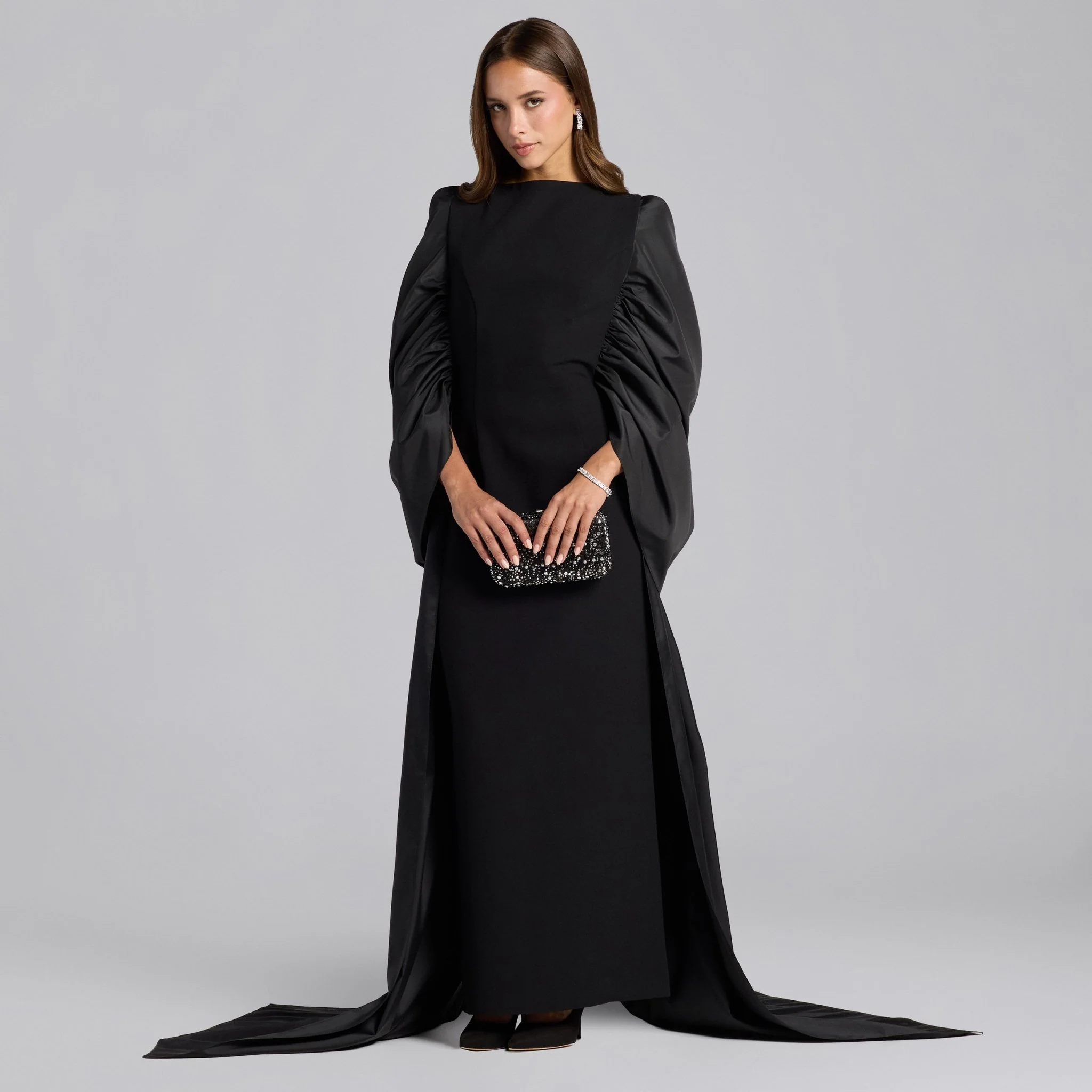 Black Crepe-Taffeta Gown with Long Back Shawl