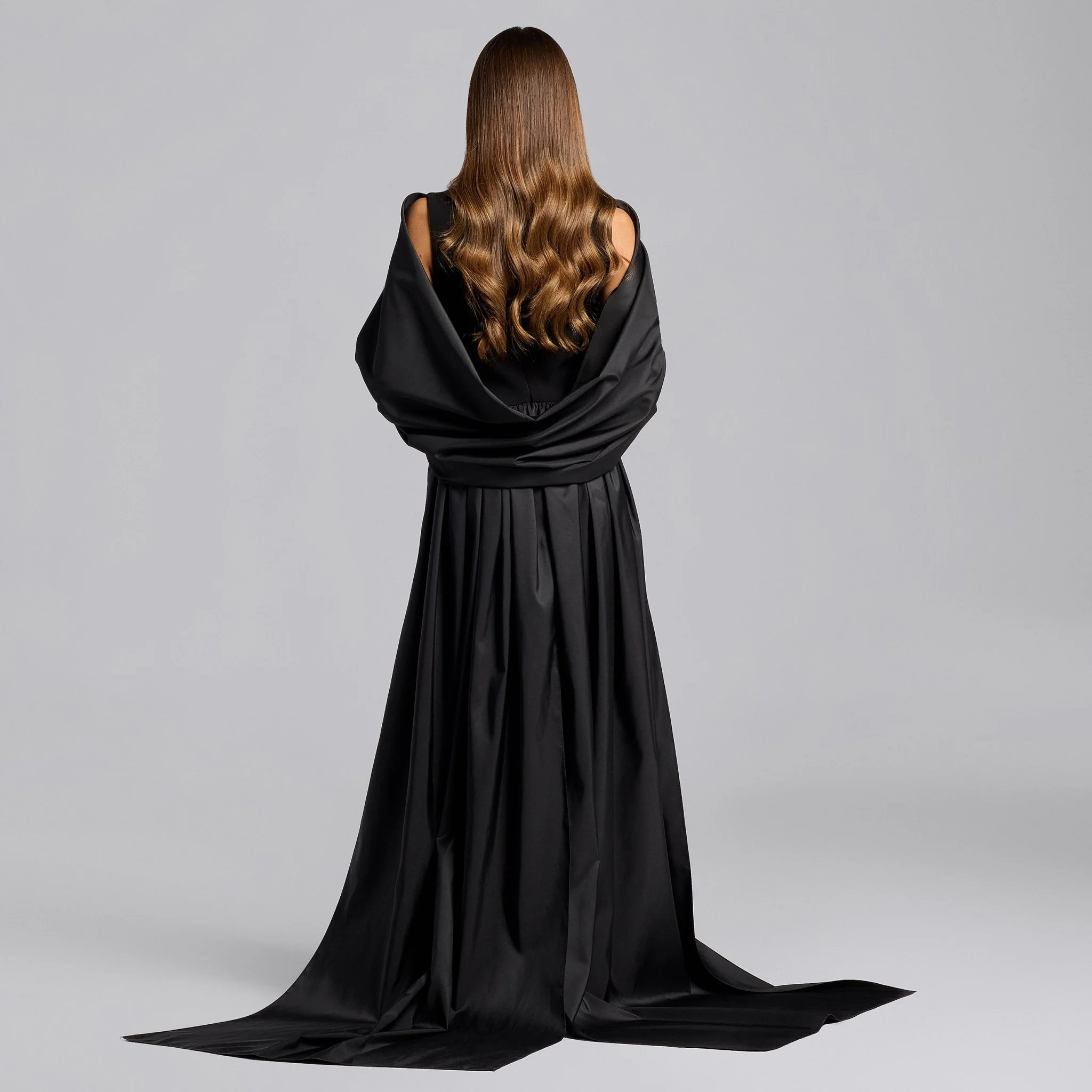 Black Crepe-Taffeta Gown with Long Back Shawl - Image 4