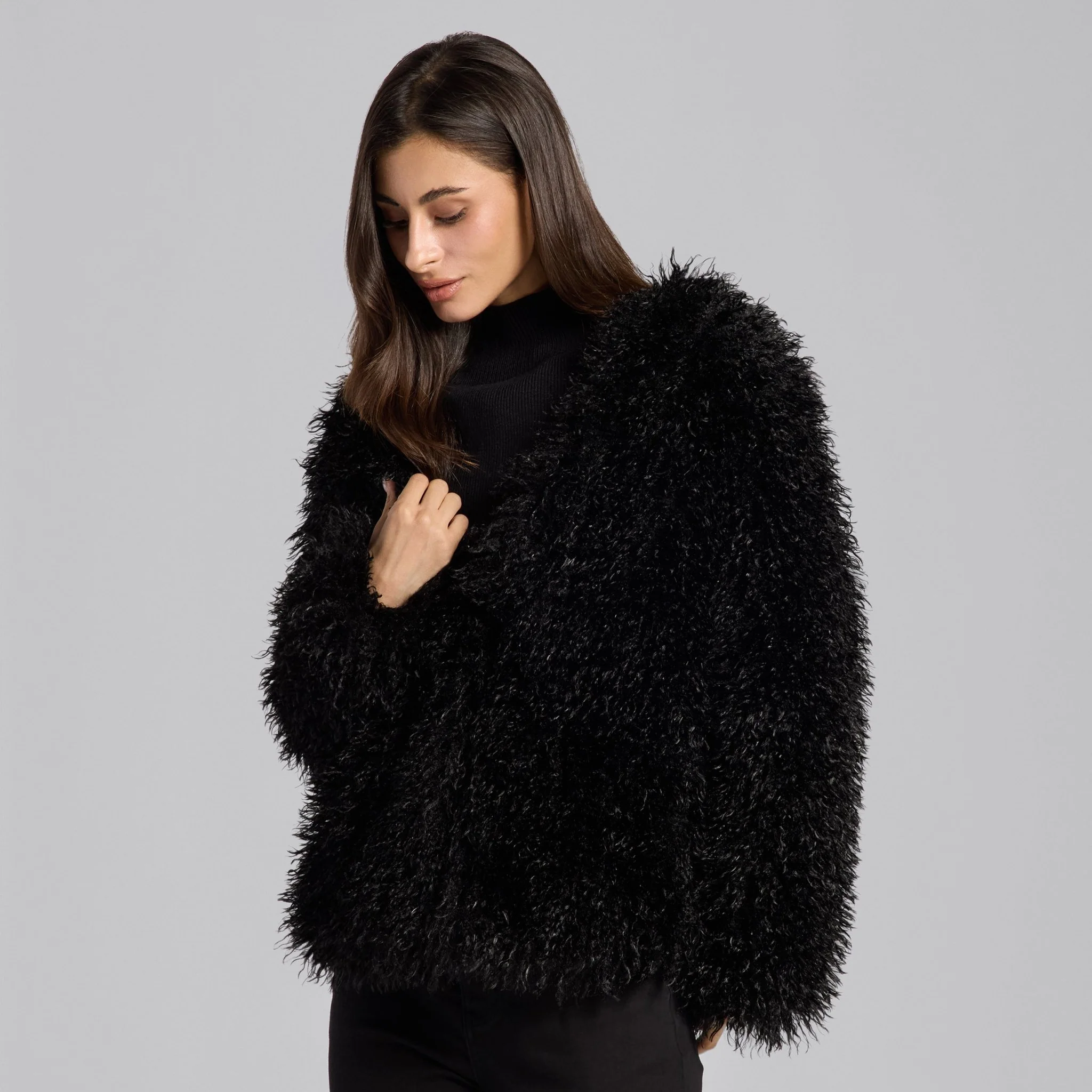 Black Faux Tibet Lamb Fur Jacket - Image 3