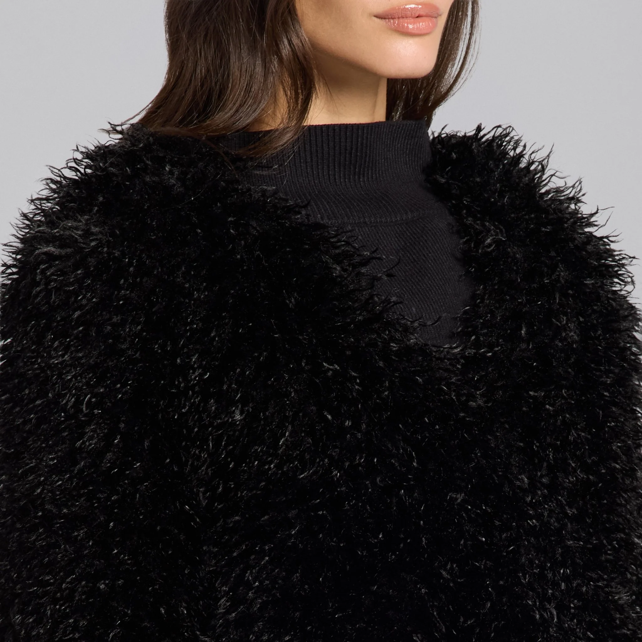 Black Faux Tibet Lamb Fur Jacket - Image 4
