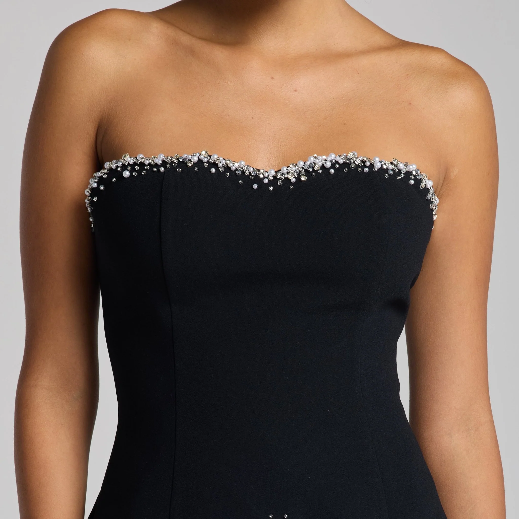 Black Strapless Crepe Gown with Pearl Trim - Image 3