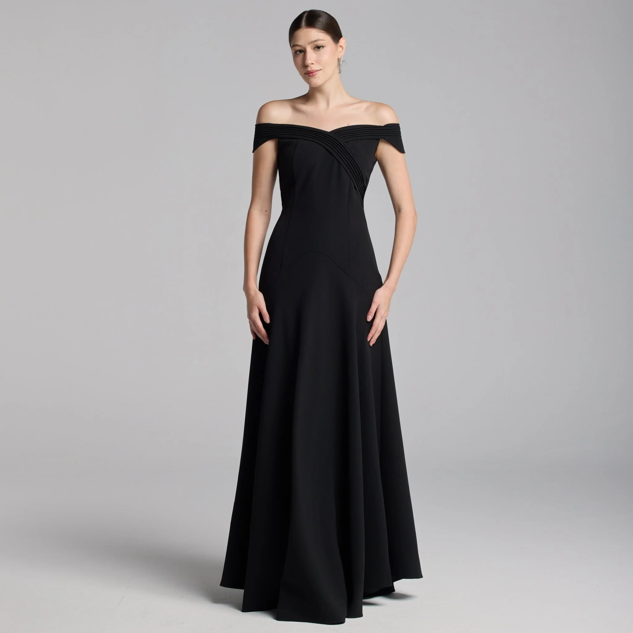 Black Crepe Maxi Dress with Pleated Details