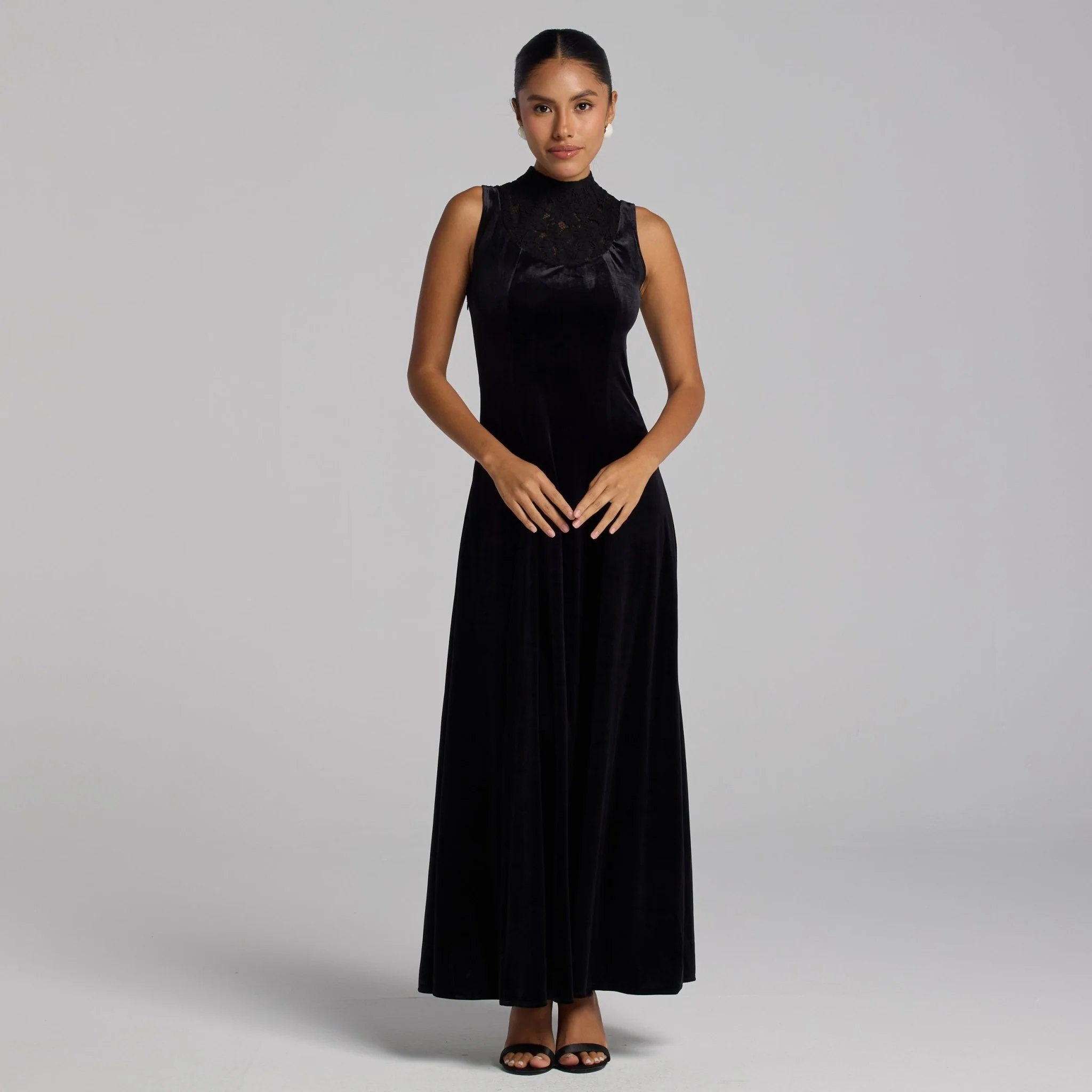 Black Lace Turtleneck Velvet Maxi Dress