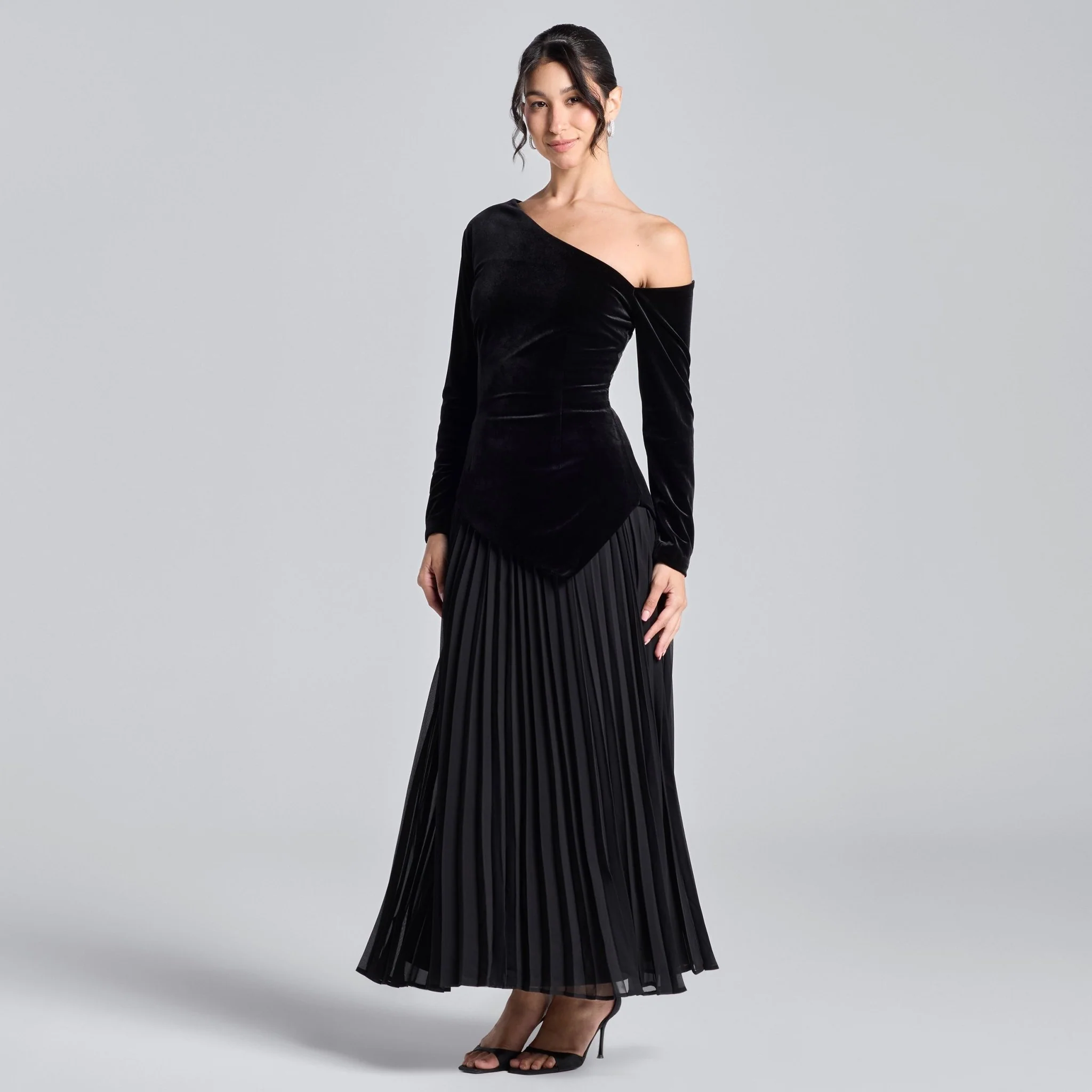 Black One-Shoulder Velvet-Chiffon Maxi Dress - Image 2