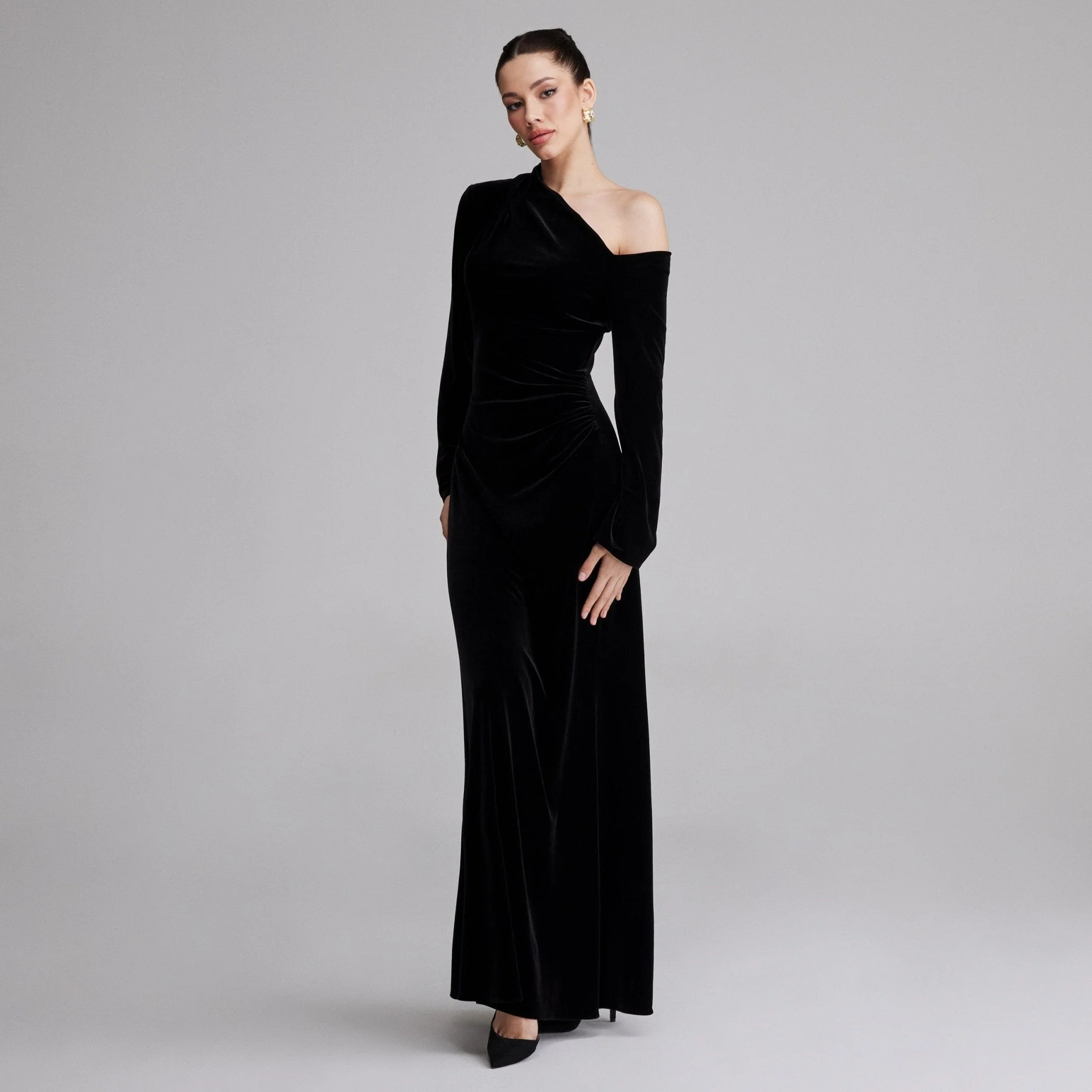 Black Velvet Bare Shoulder Maxi Dress - Image 3