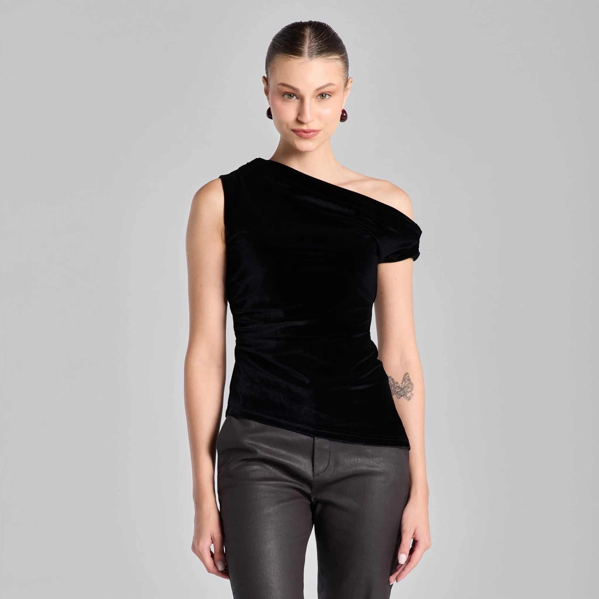 Black Velvet Drape Off-Shoulder Top