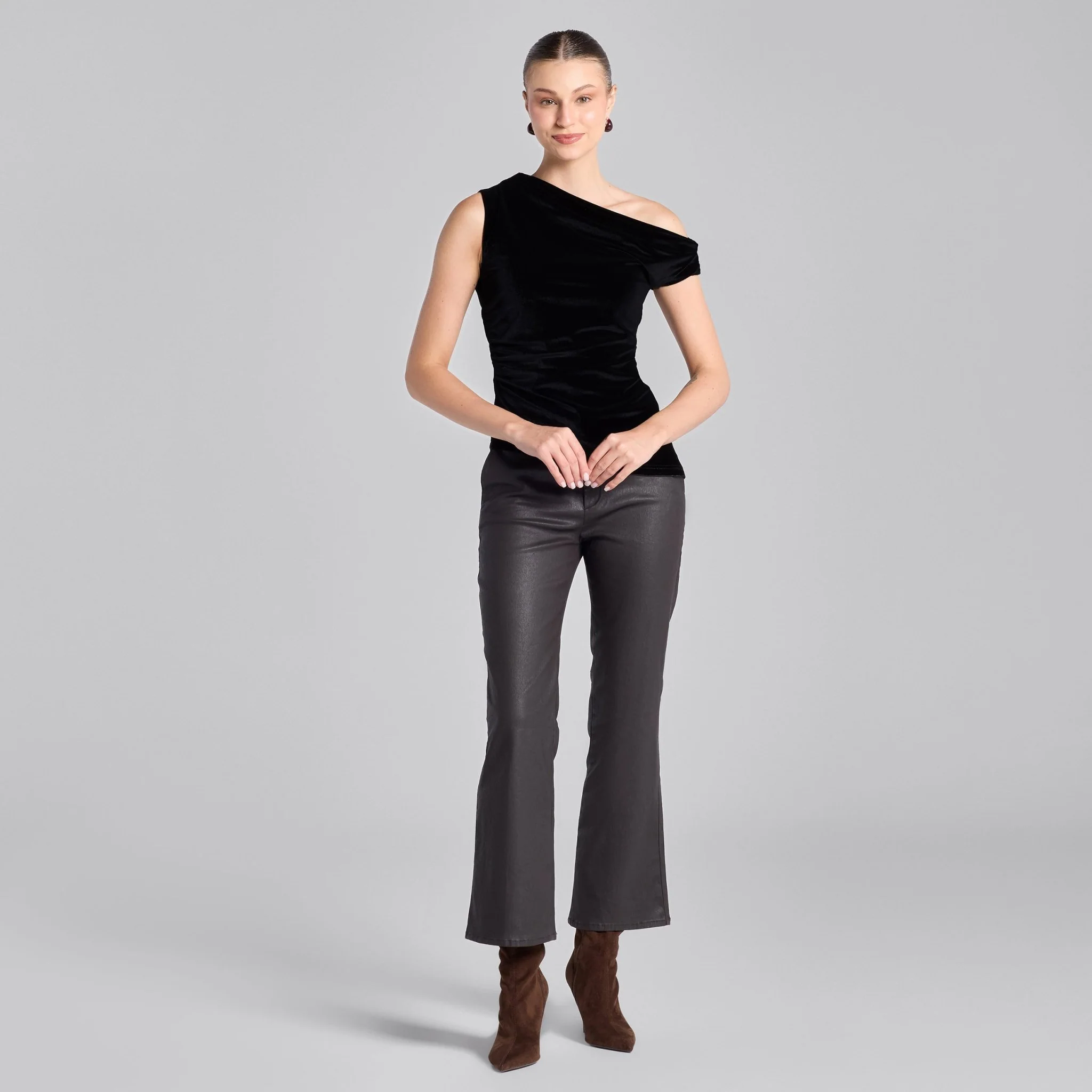 Black Velvet Drape Off-Shoulder Top - Image 2