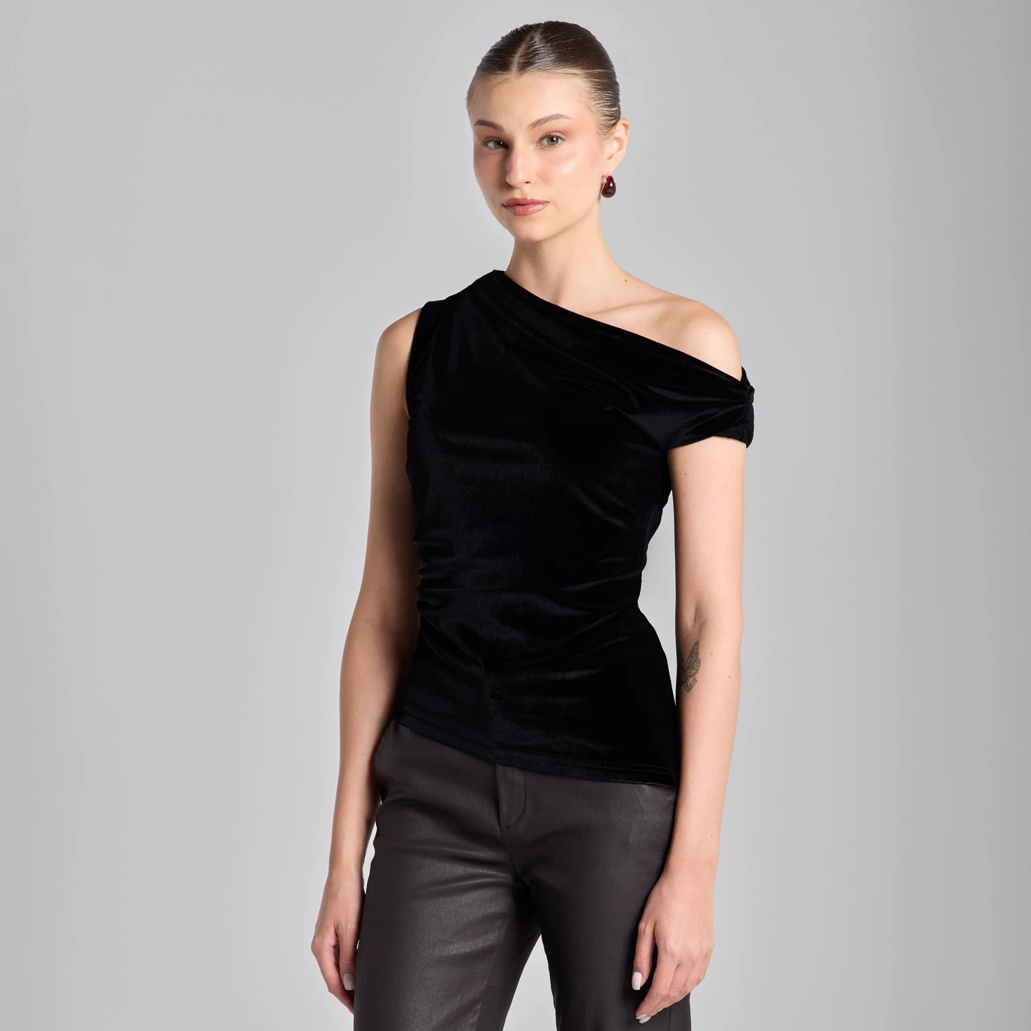 Black Velvet Drape Off-Shoulder Top - Image 3