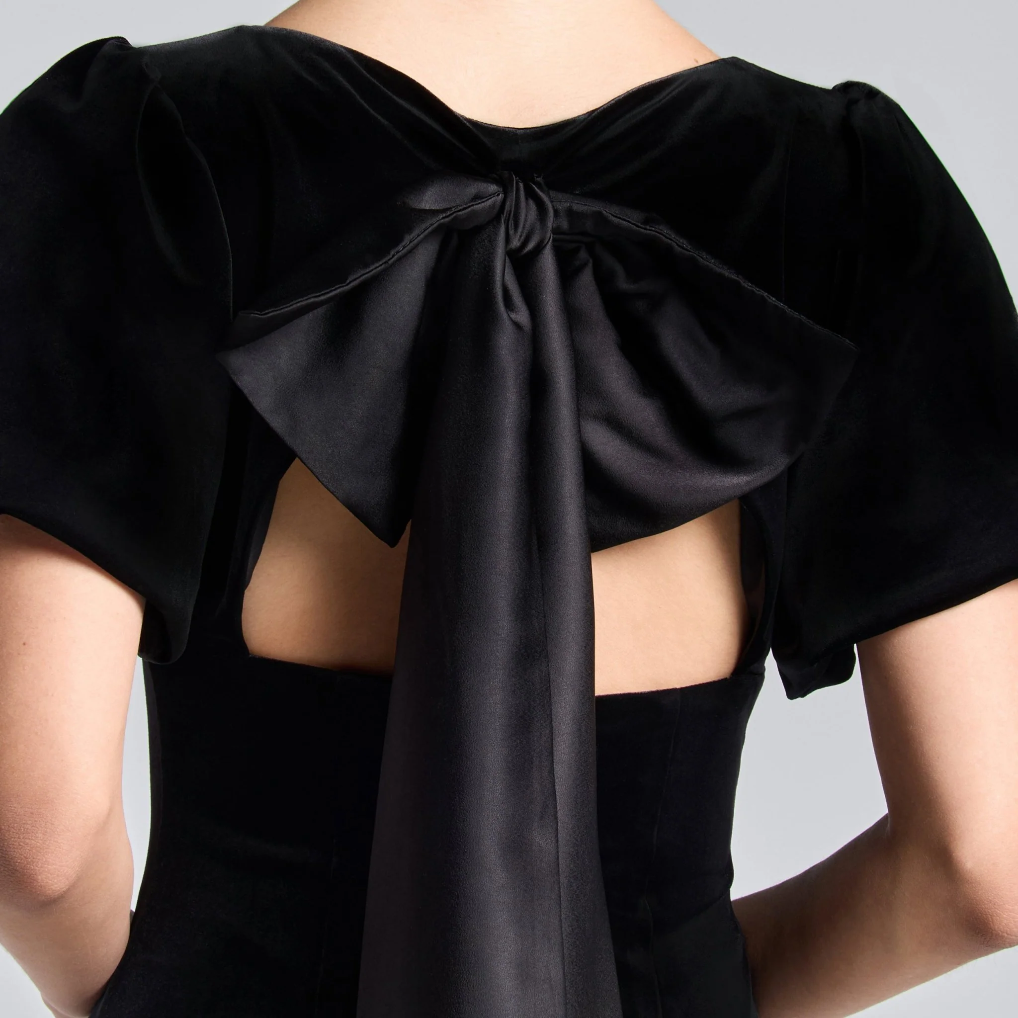 Black Velvet Dress with Back Satin Bow - Image 3