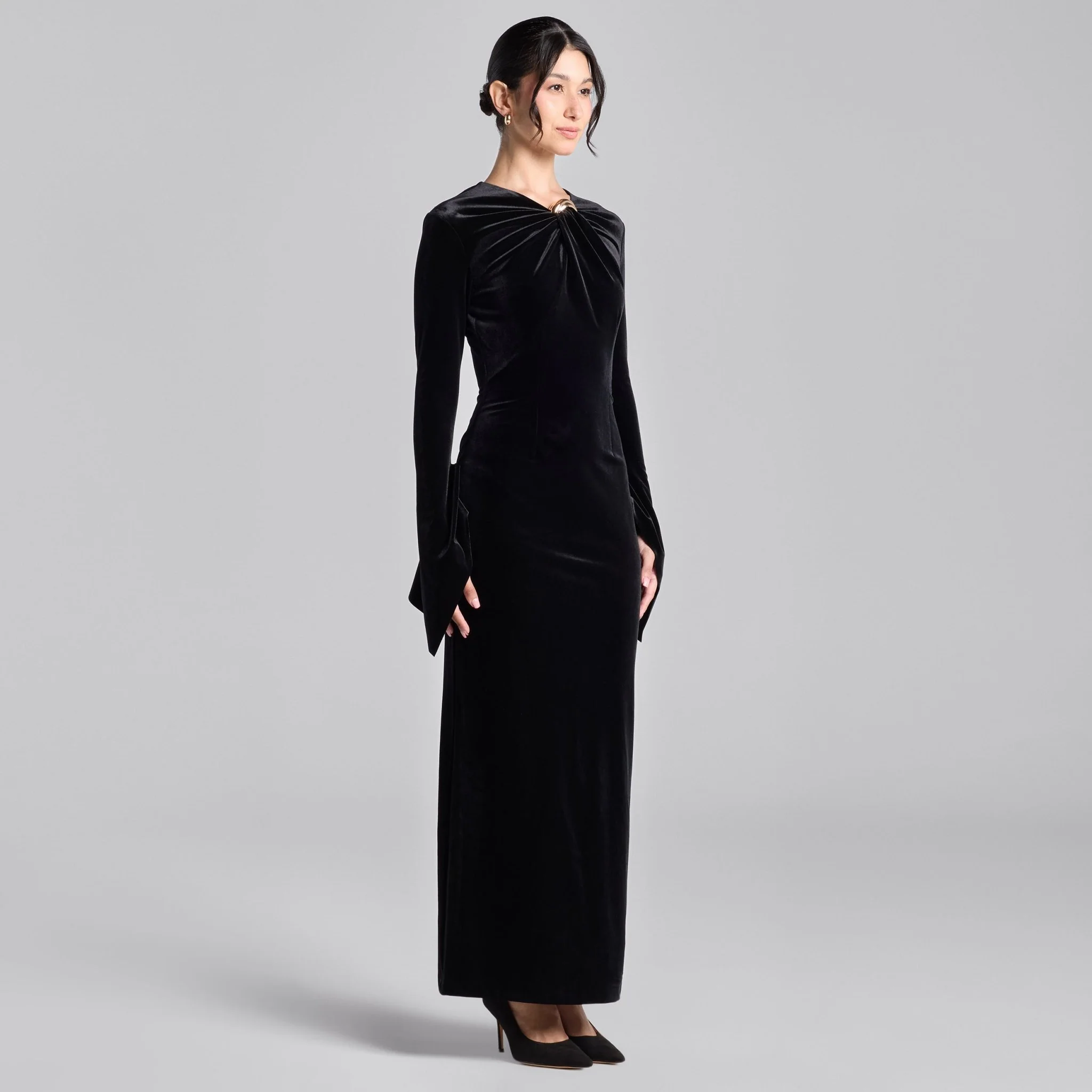 Black Velvet Front Ring Drape Maxi Dress - Image 2