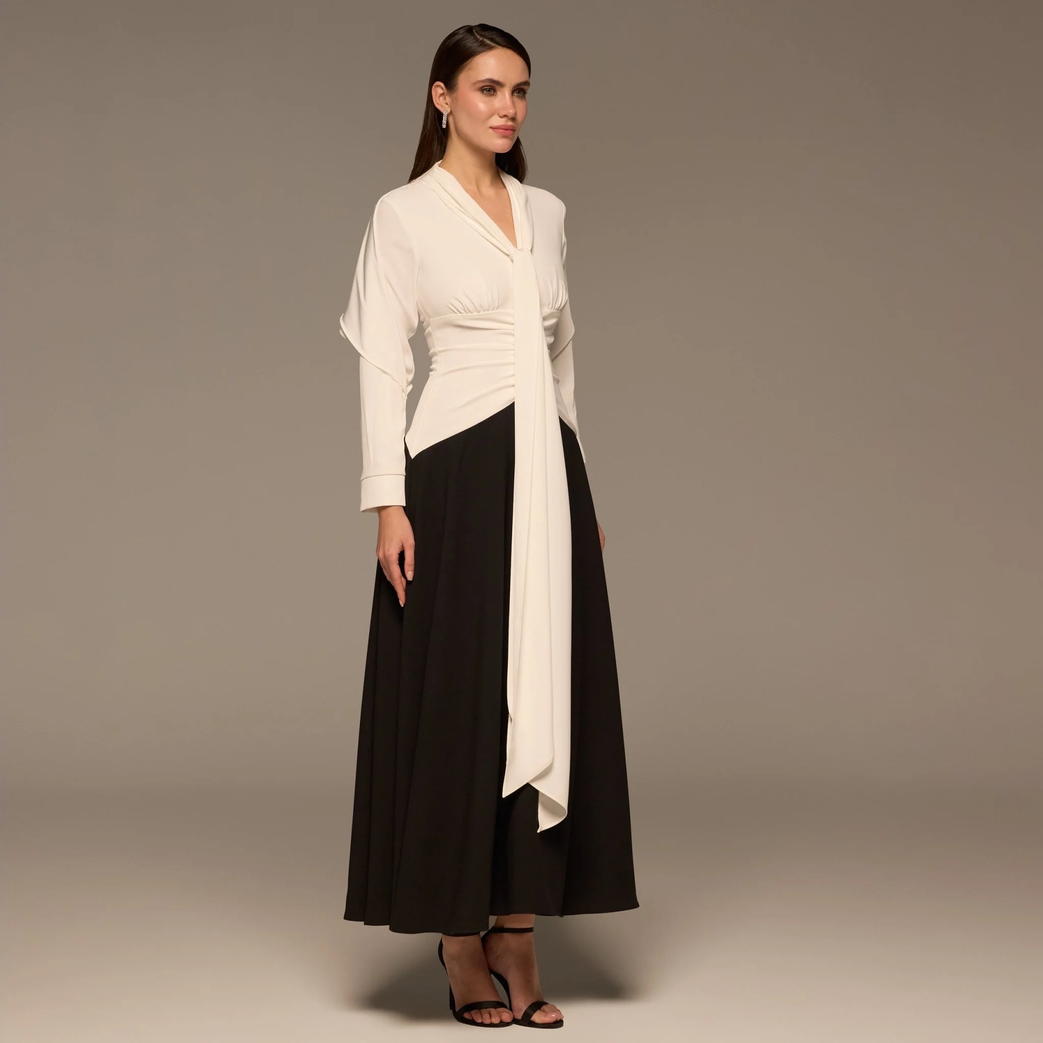 Black & White Draped Crepe Dress with Scarf - Image 2