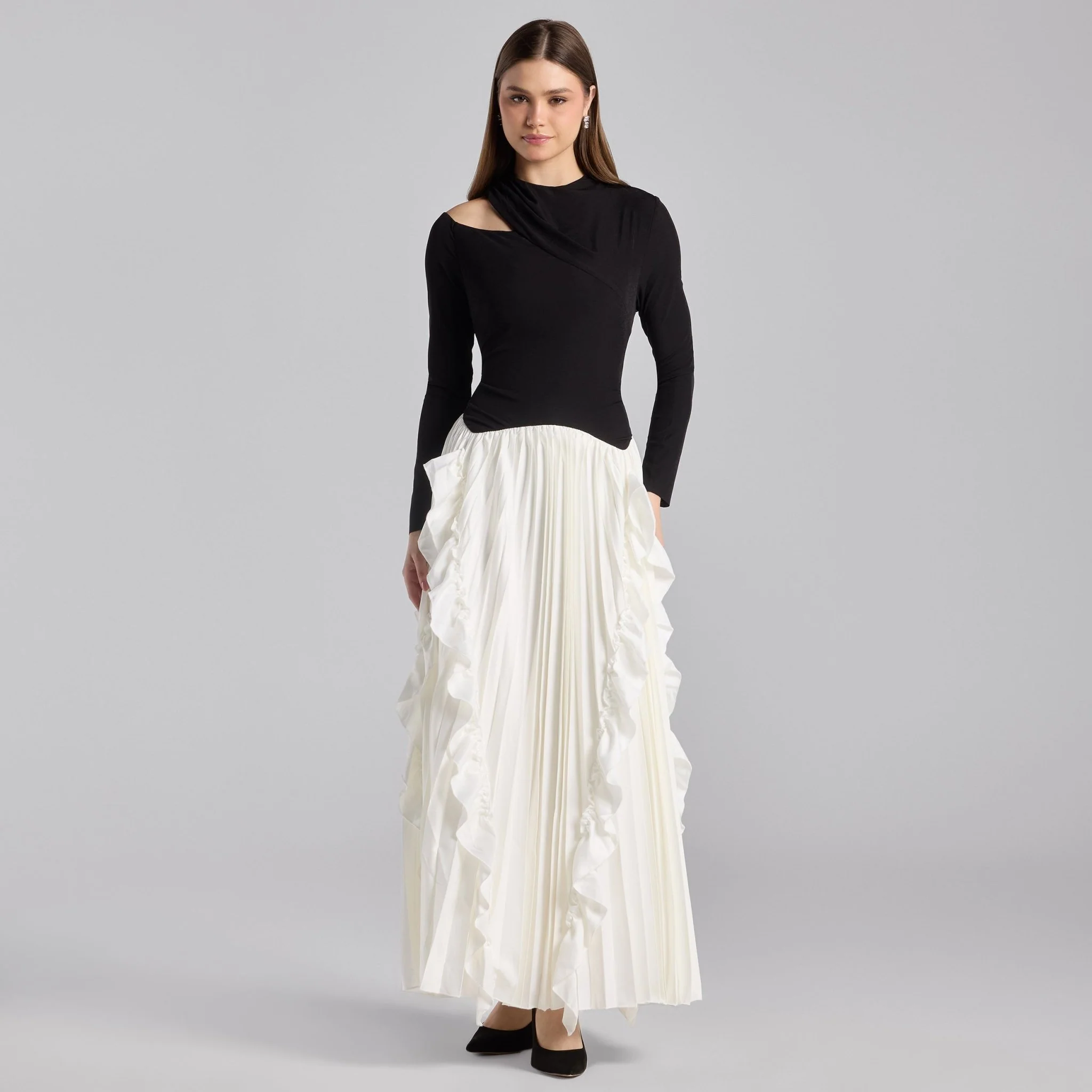 Black & White Draped Jersey & Satin Pleated Maxi Dress