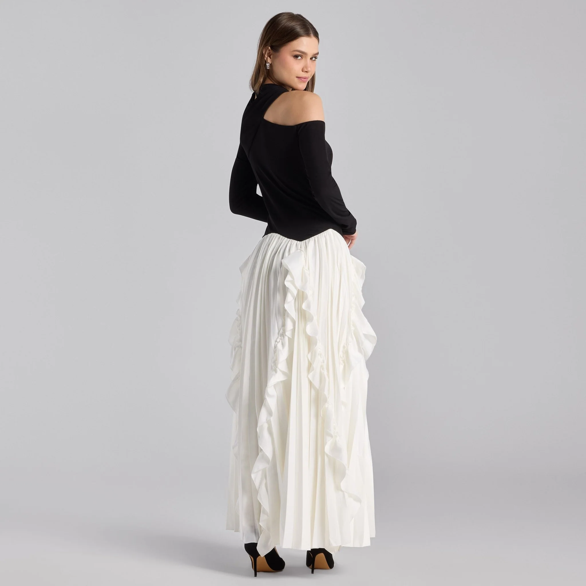 Black & White Draped Jersey & Satin Pleated Maxi Dress - Image 4