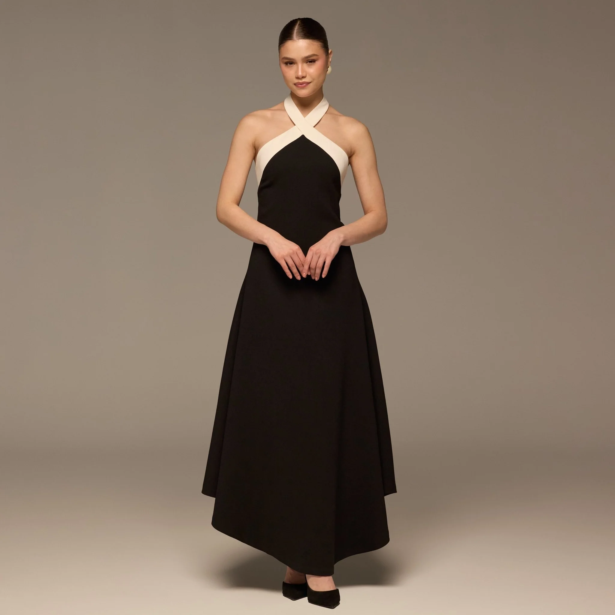 Black & White Halter Crepe Maxi Dress