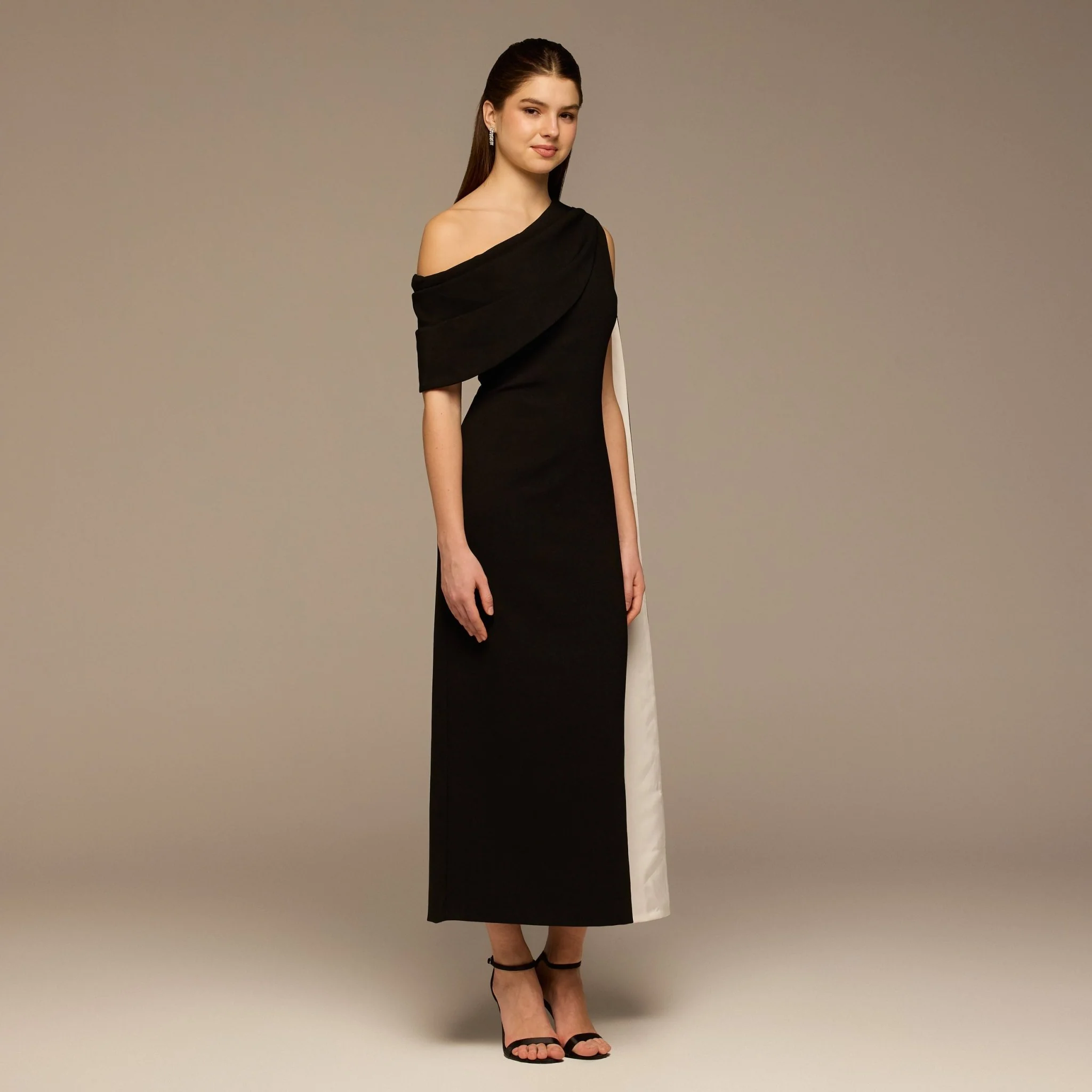 Black & White One-Shoulder Crepe Dress with Scarf - Image 3