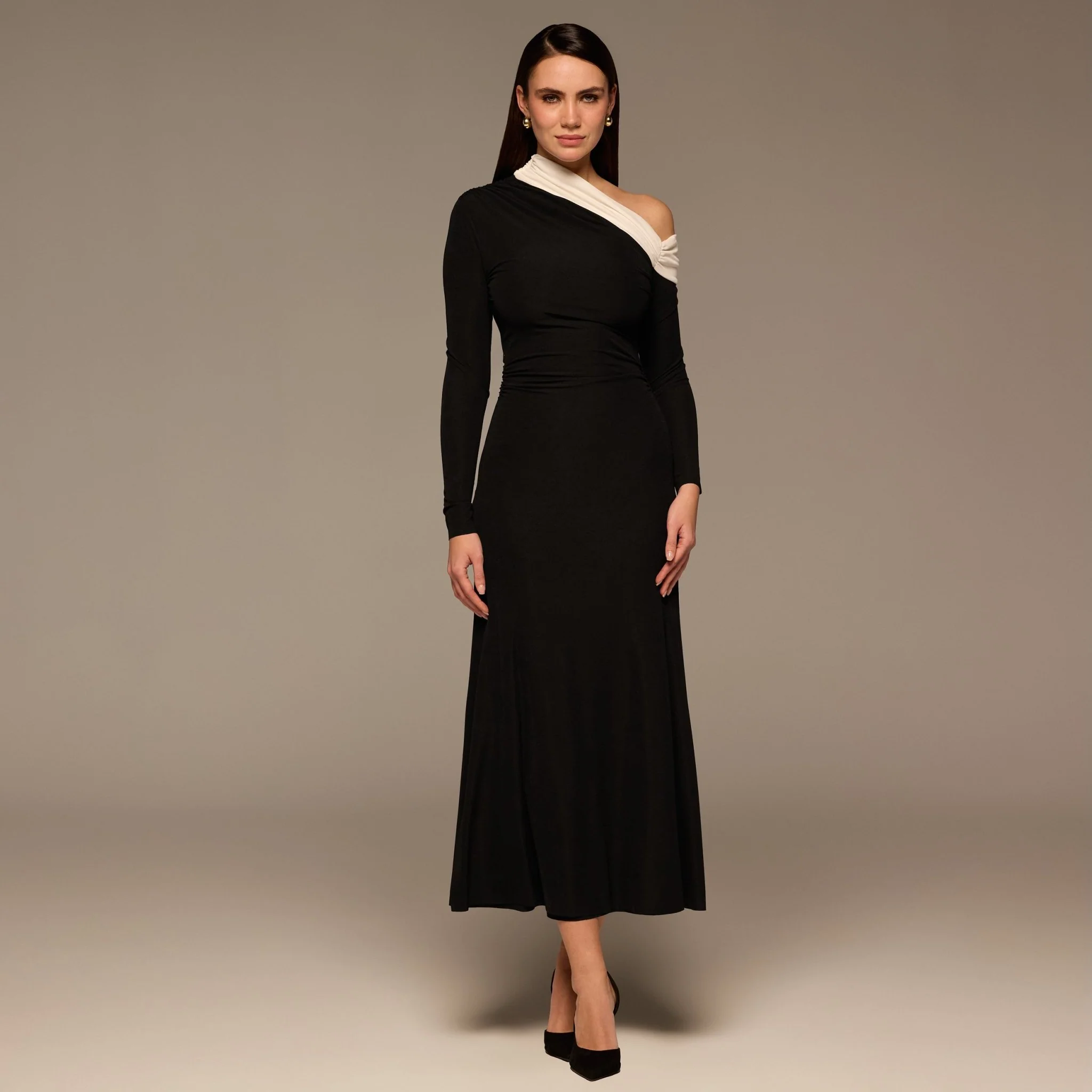 Black & White Off Shoulder Ruched Maxi Dress