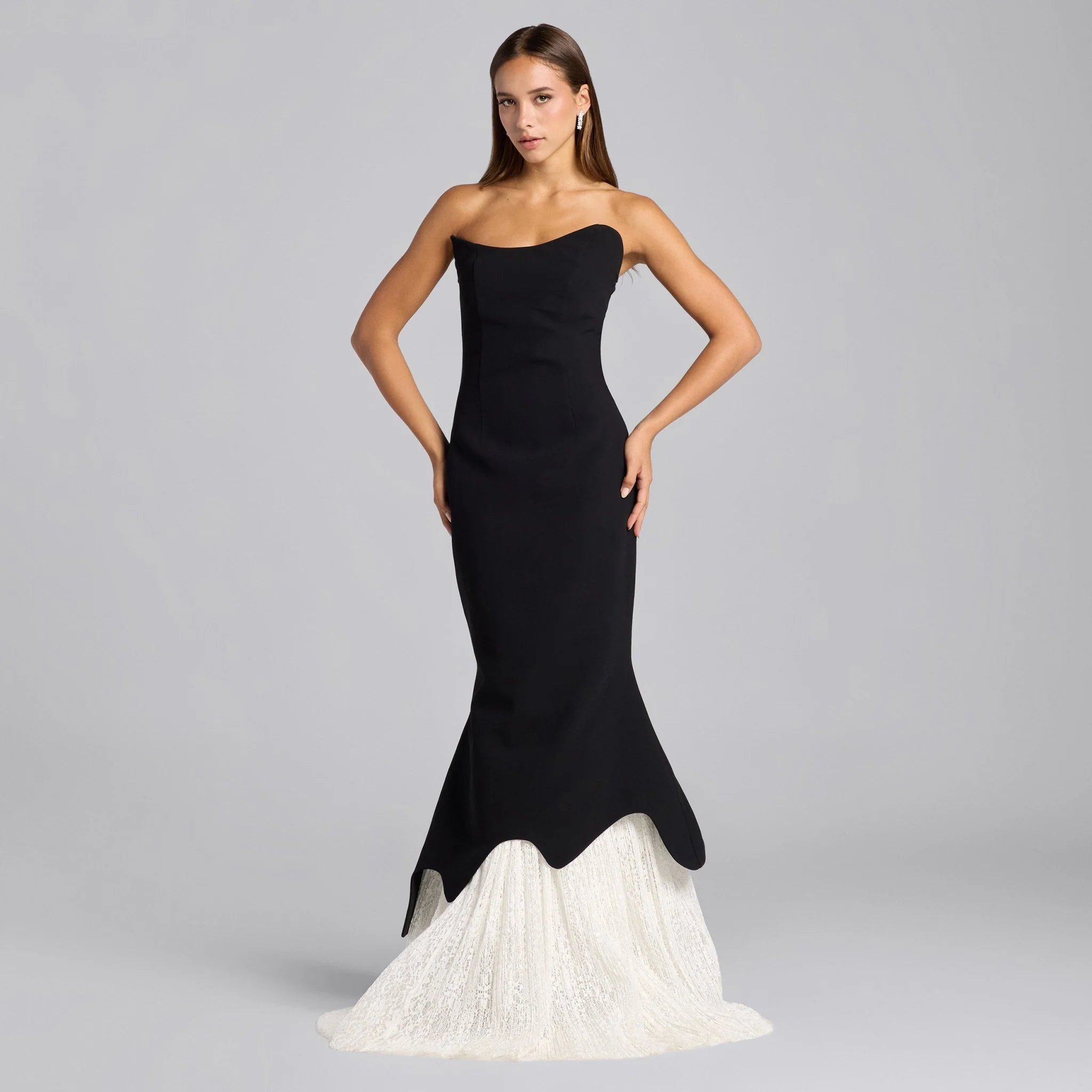 Black & White Crepe-Lace Mermaid Gown