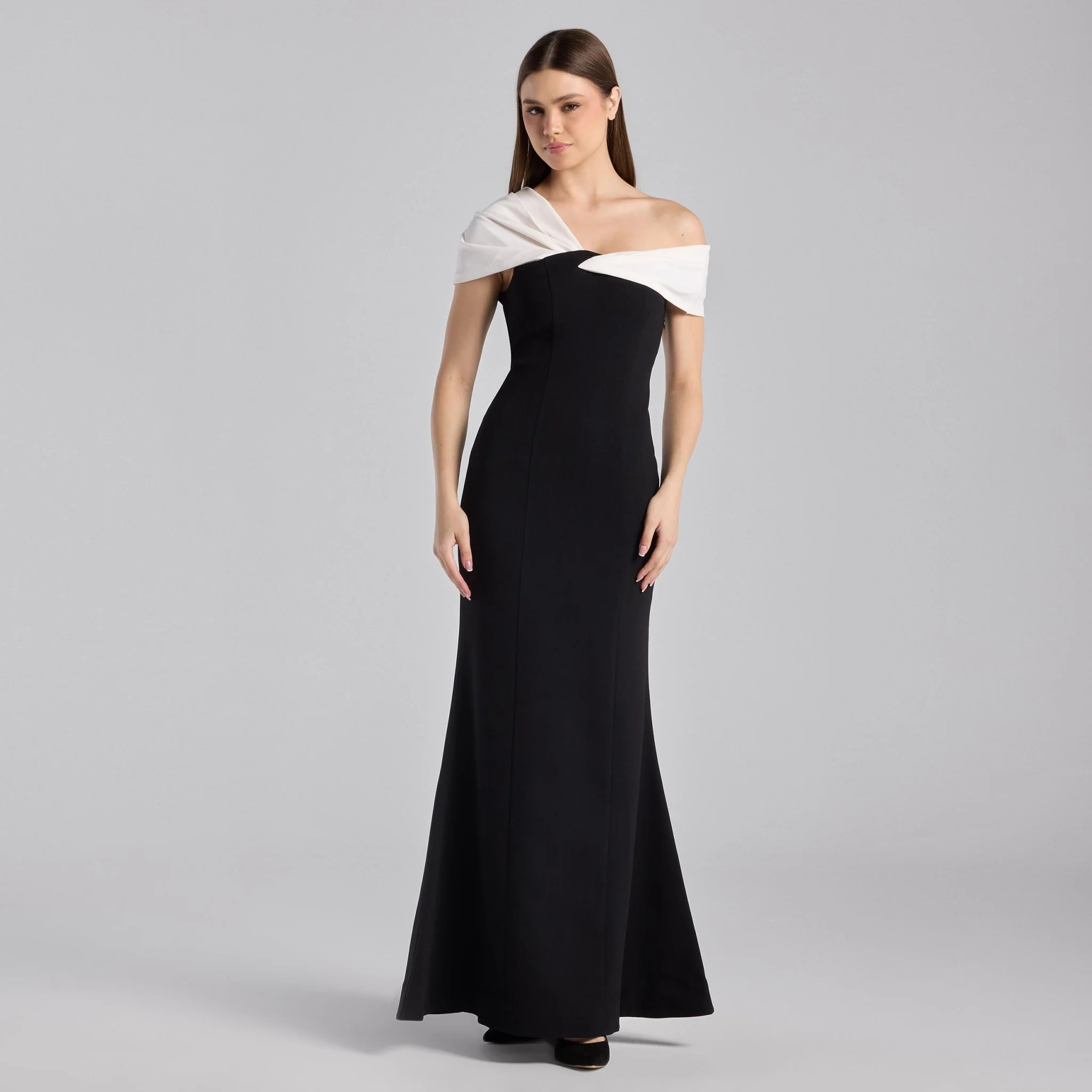 Black & White Two-Tone Off-Shoulder Crepe Maxi Dress