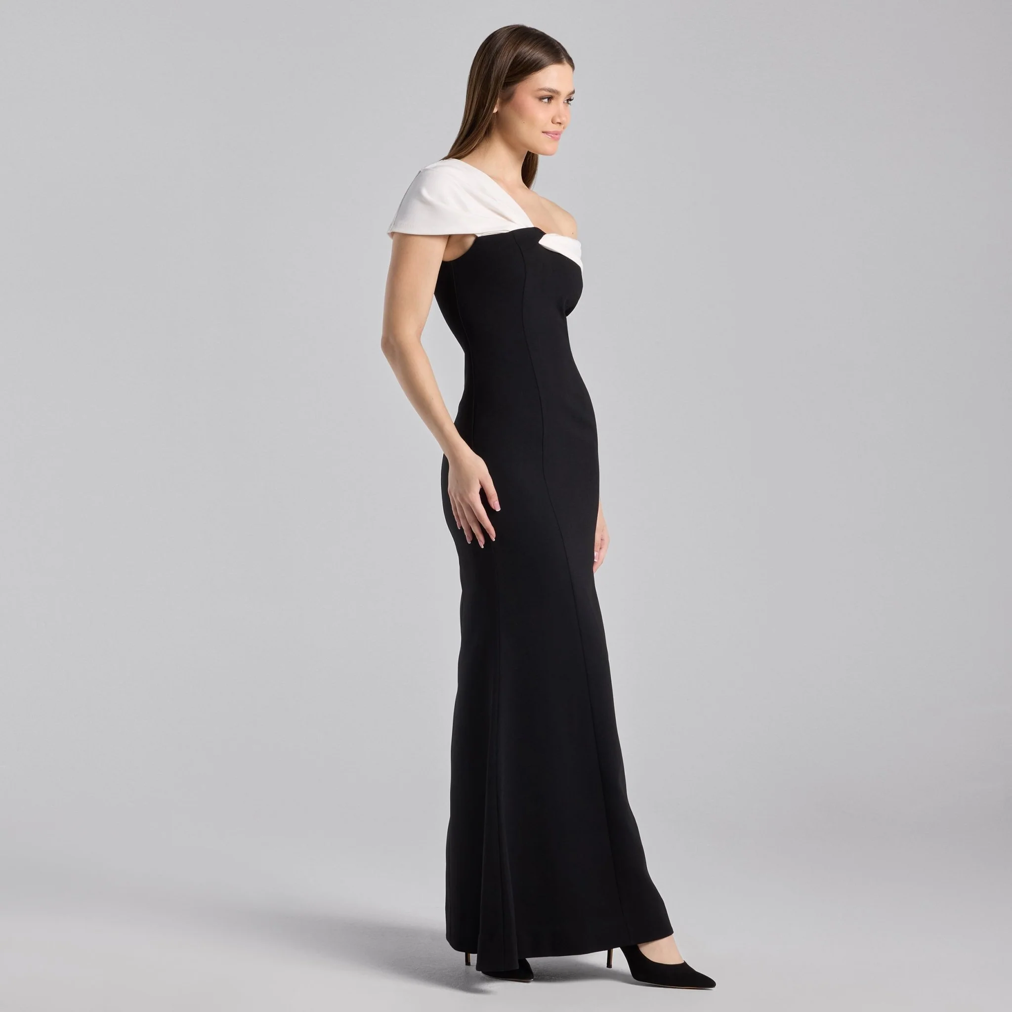 Black & White Two-Tone Off-Shoulder Crepe Maxi Dress - Image 3