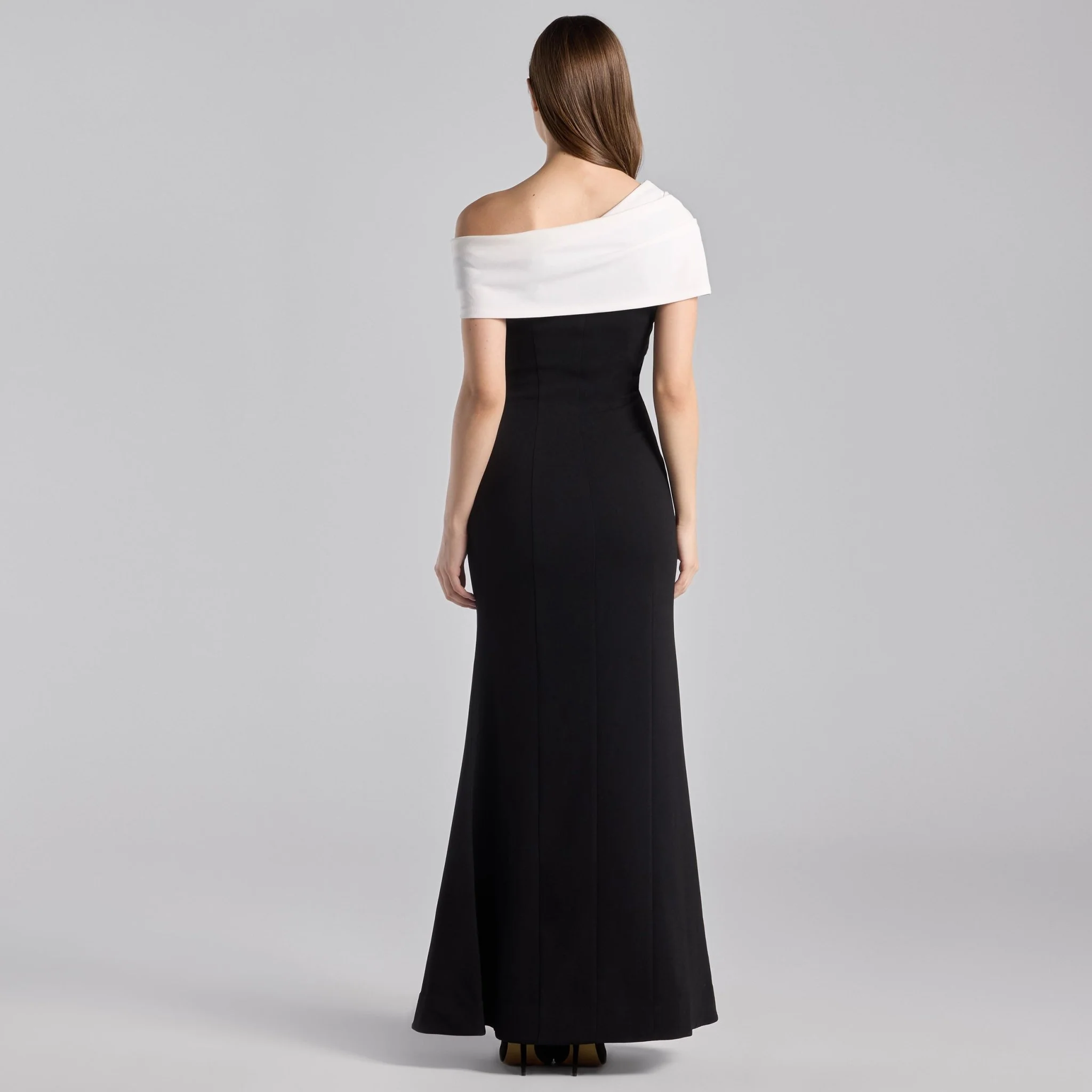 Black & White Two-Tone Off-Shoulder Crepe Maxi Dress - Image 5