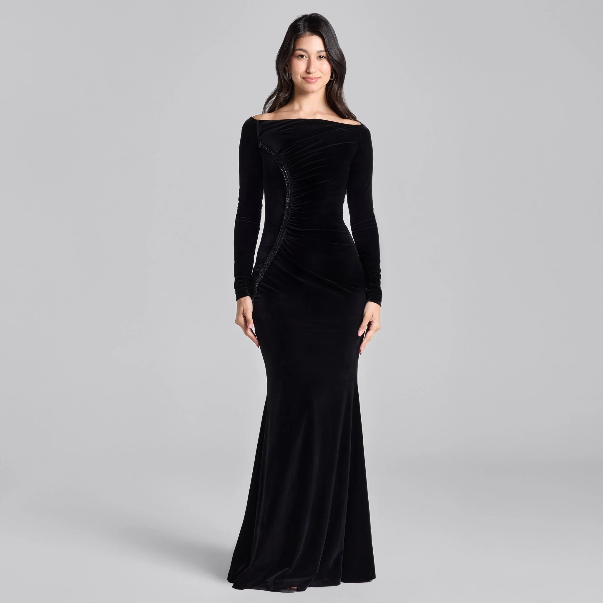 Black Velvet Draped Crystal Trim Maxi Dress