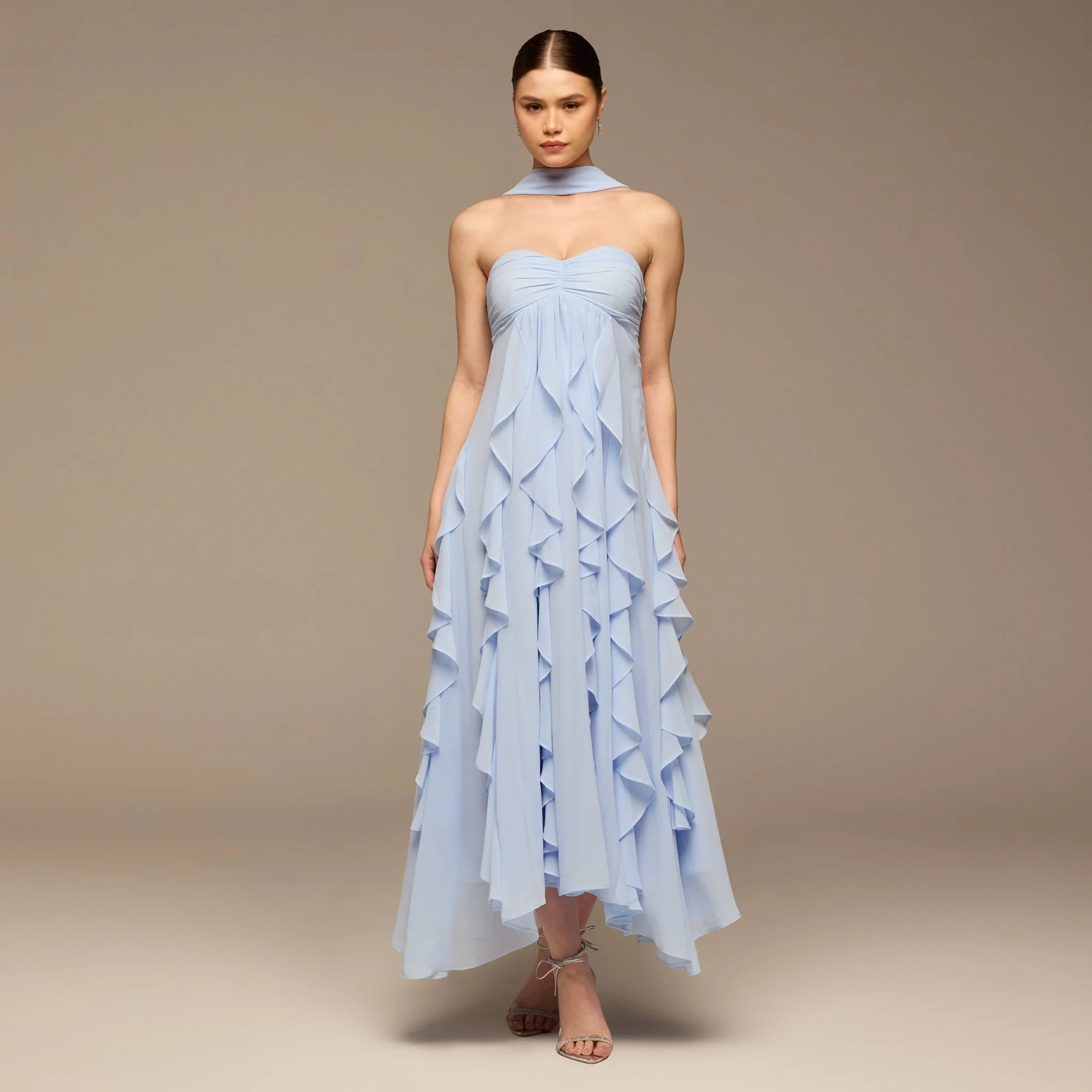 Blue Strapless Ruffle Chiffon Maxi Dress